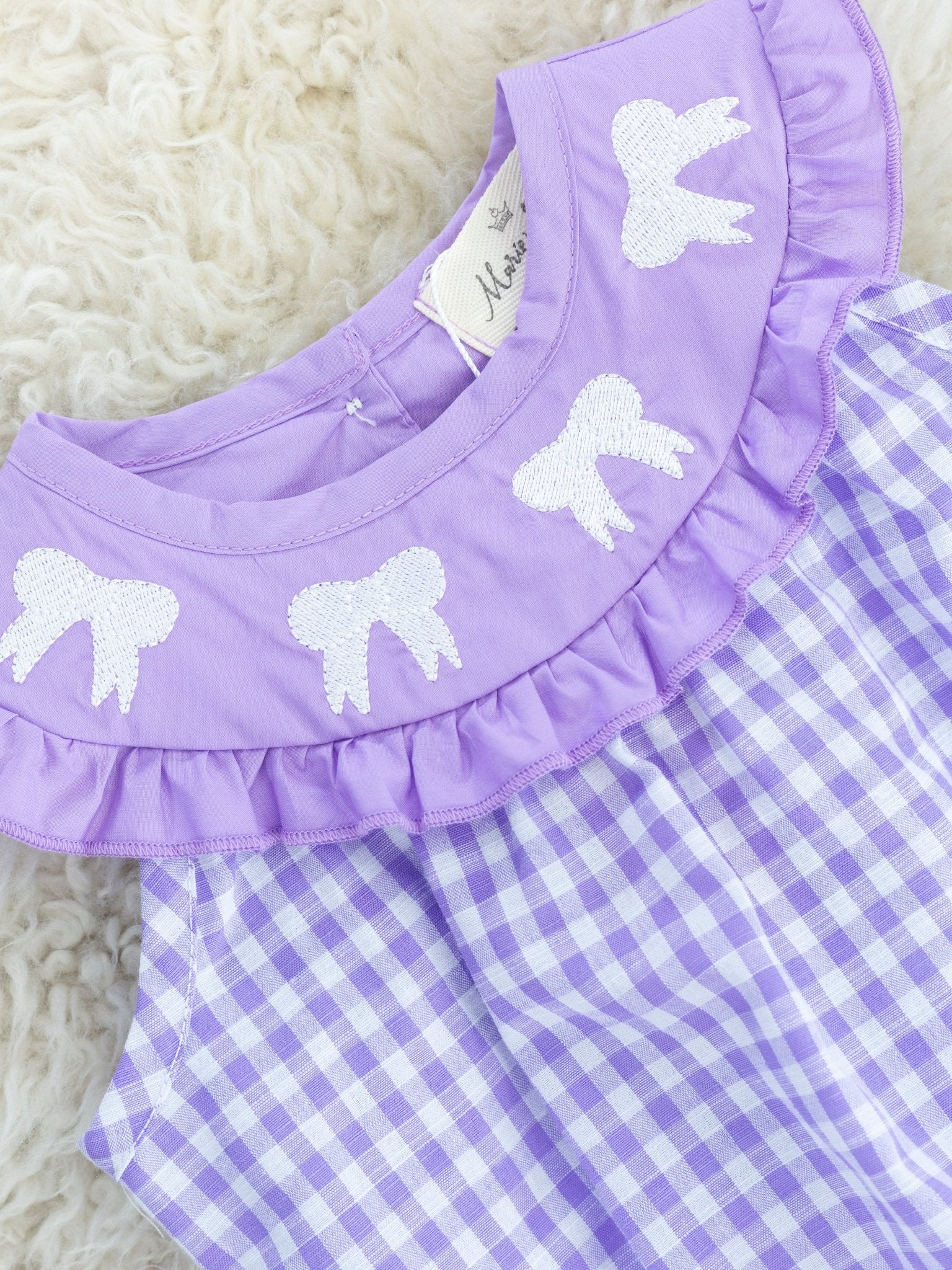 Purple Gingham Bow Ruffle Bubble Romper - Image 2