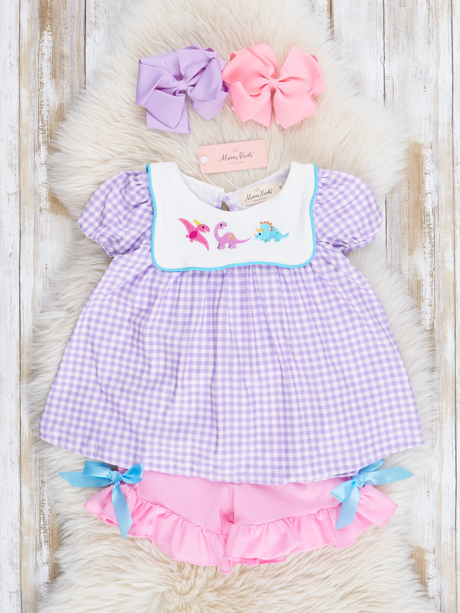 Purple Gingham Dino Bib Collar Ruffle Outfit