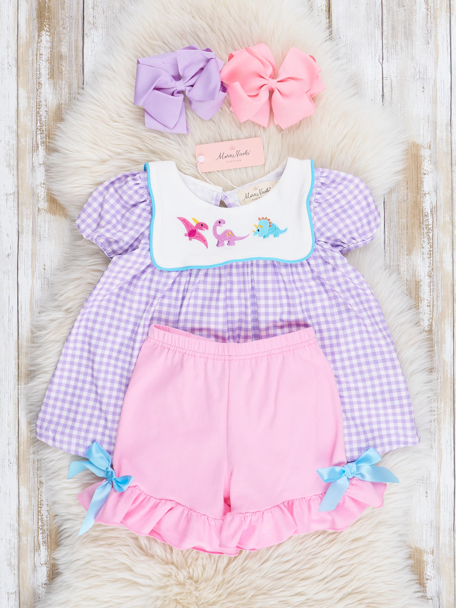 Purple Gingham Dino Bib Collar Ruffle Outfit - Image 2