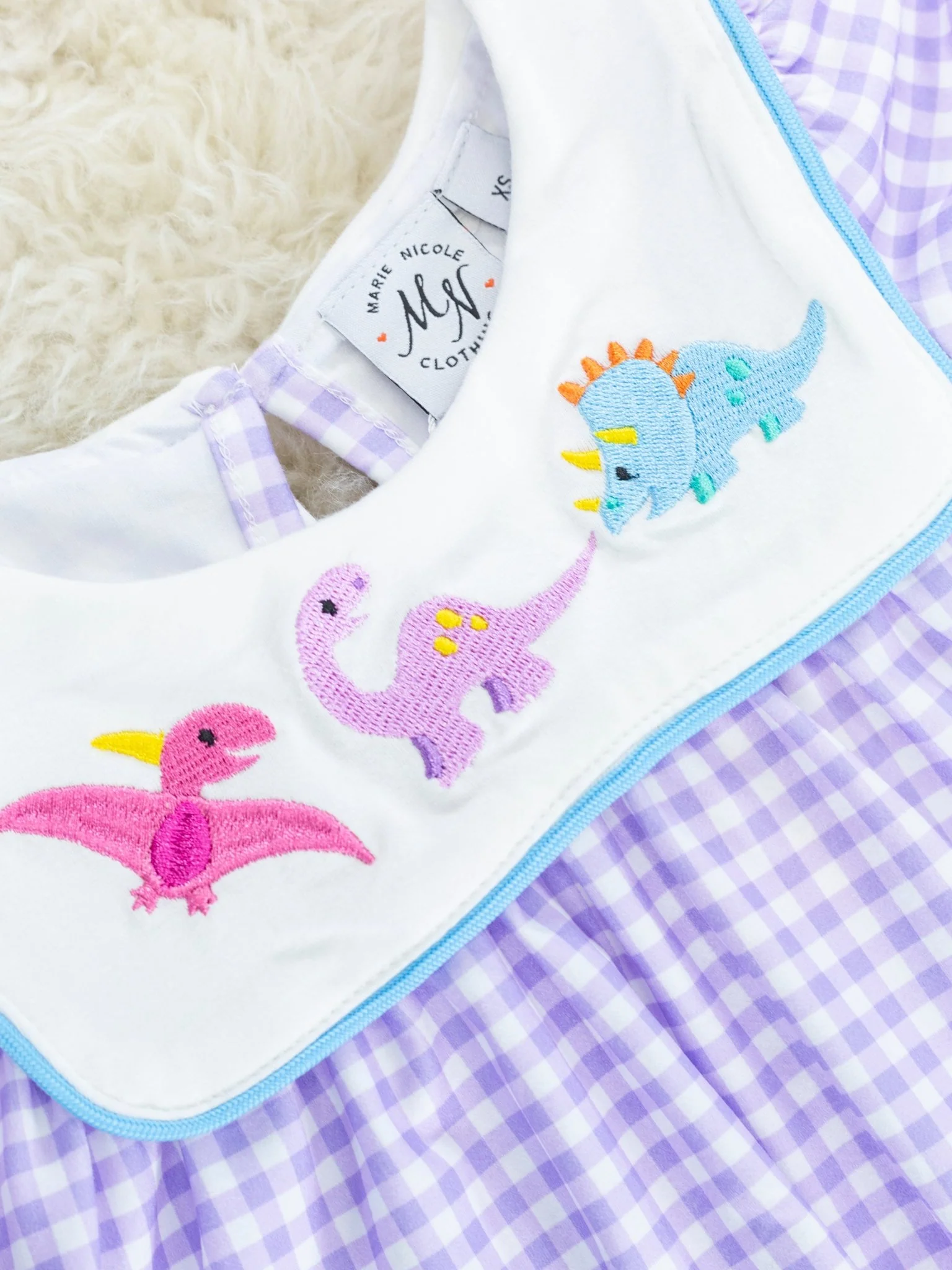 Purple Gingham Dino Bib Collar Ruffle Outfit - Image 3