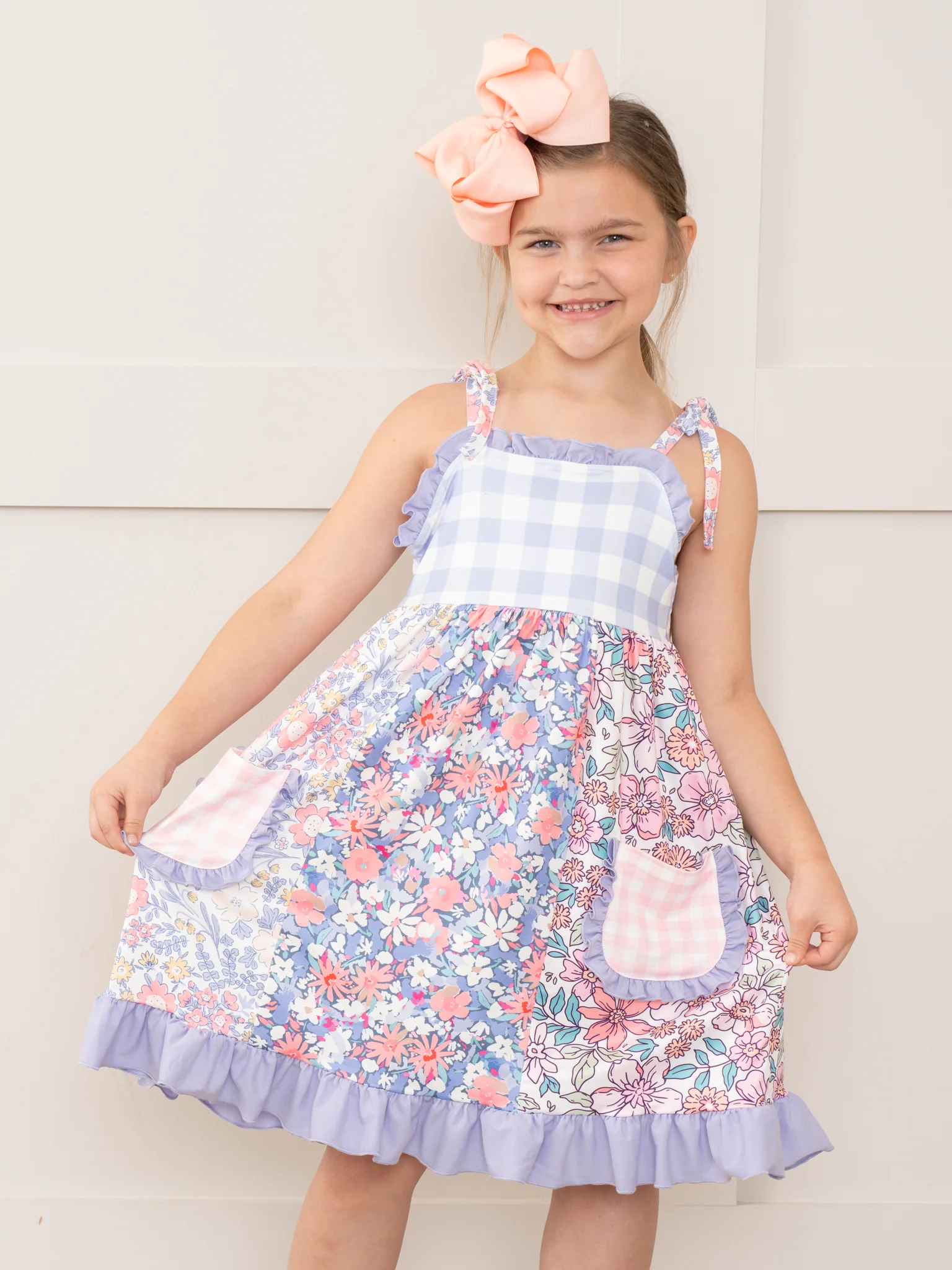 Purple Gingham & Florals Ruffle Dress