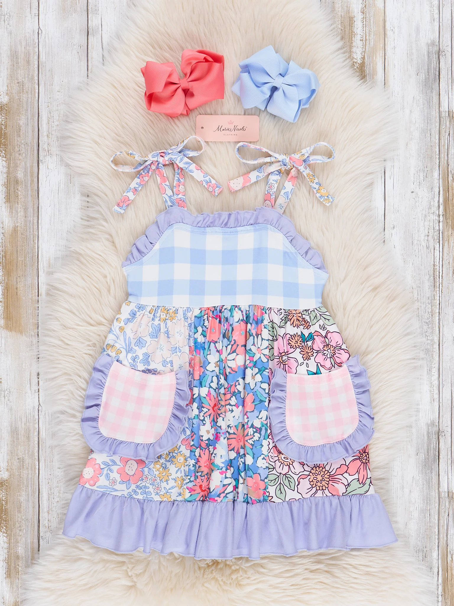 Purple Gingham & Florals Ruffle Dress - Image 2