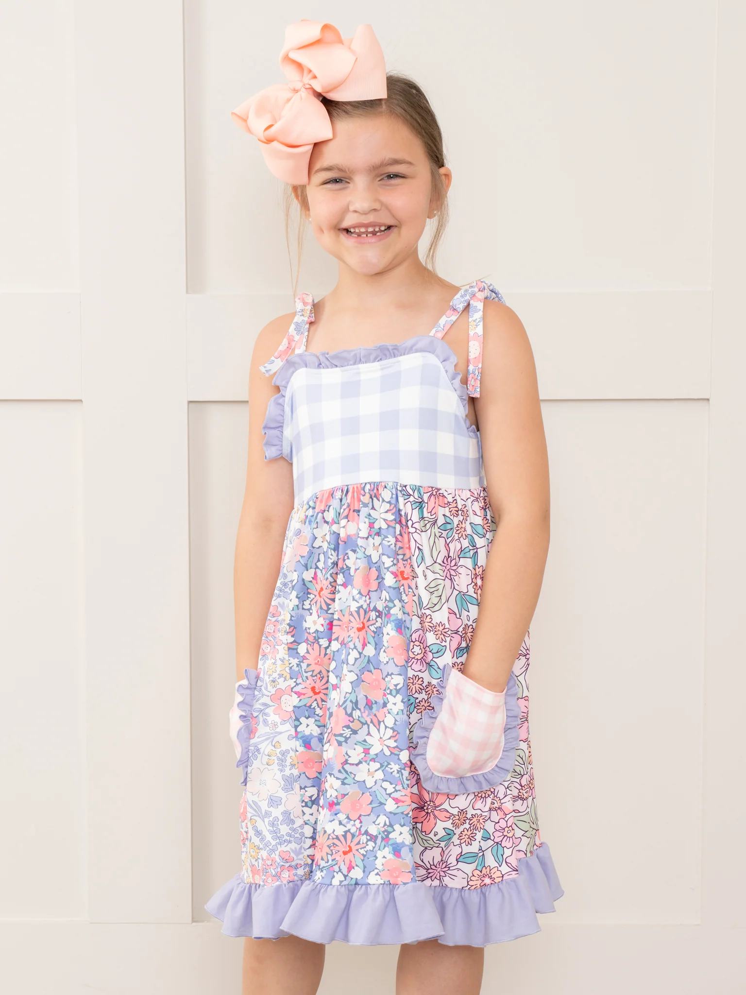 Purple Gingham & Florals Ruffle Dress - Image 3