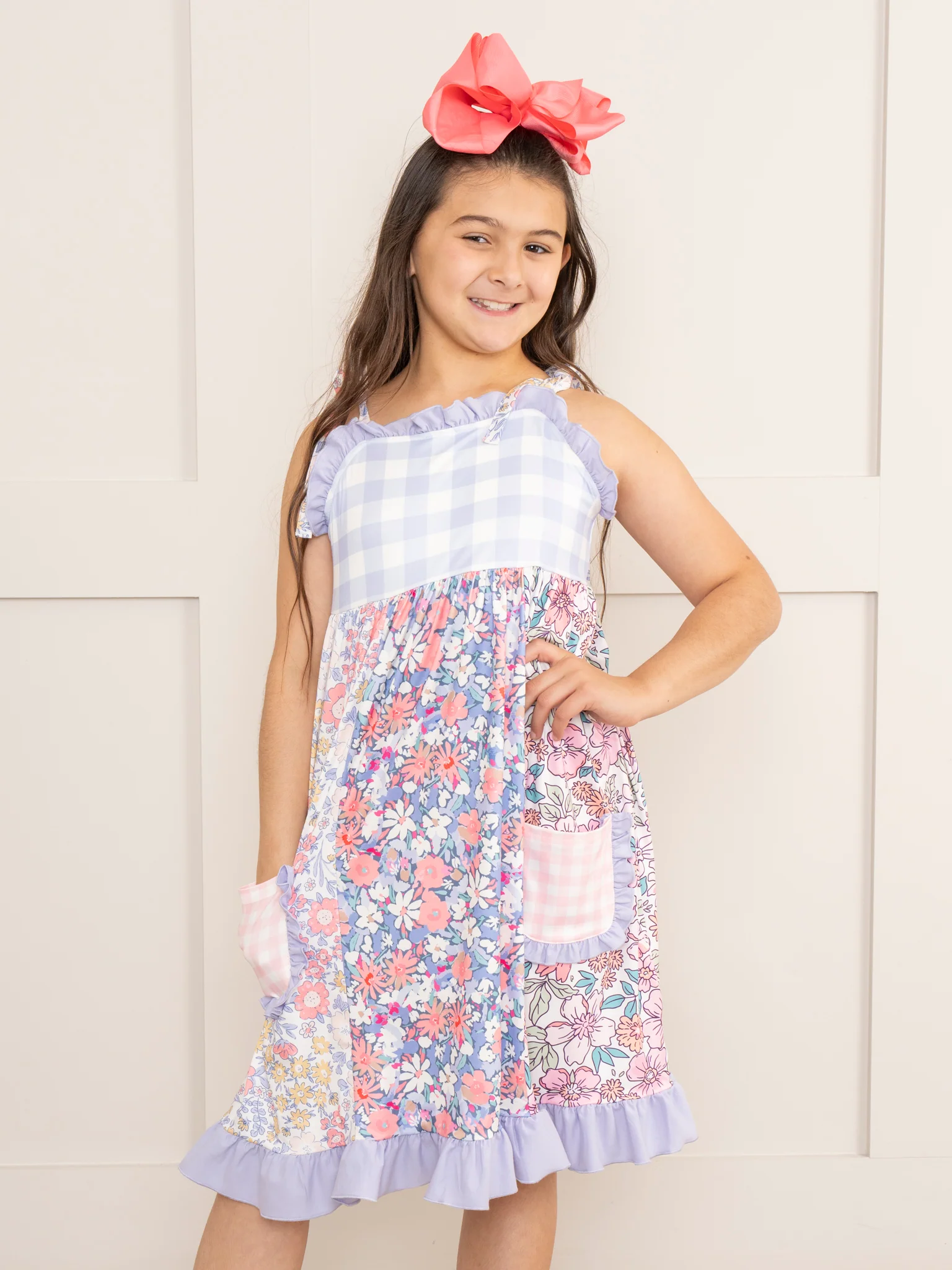 Purple Gingham & Florals Ruffle Dress - Image 4