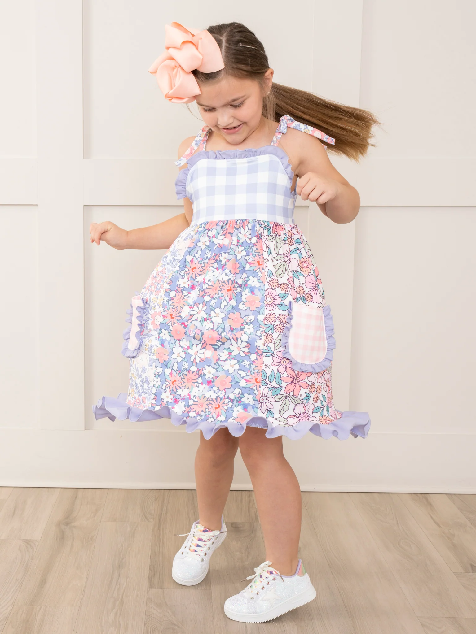 Purple Gingham & Florals Ruffle Dress - Image 5
