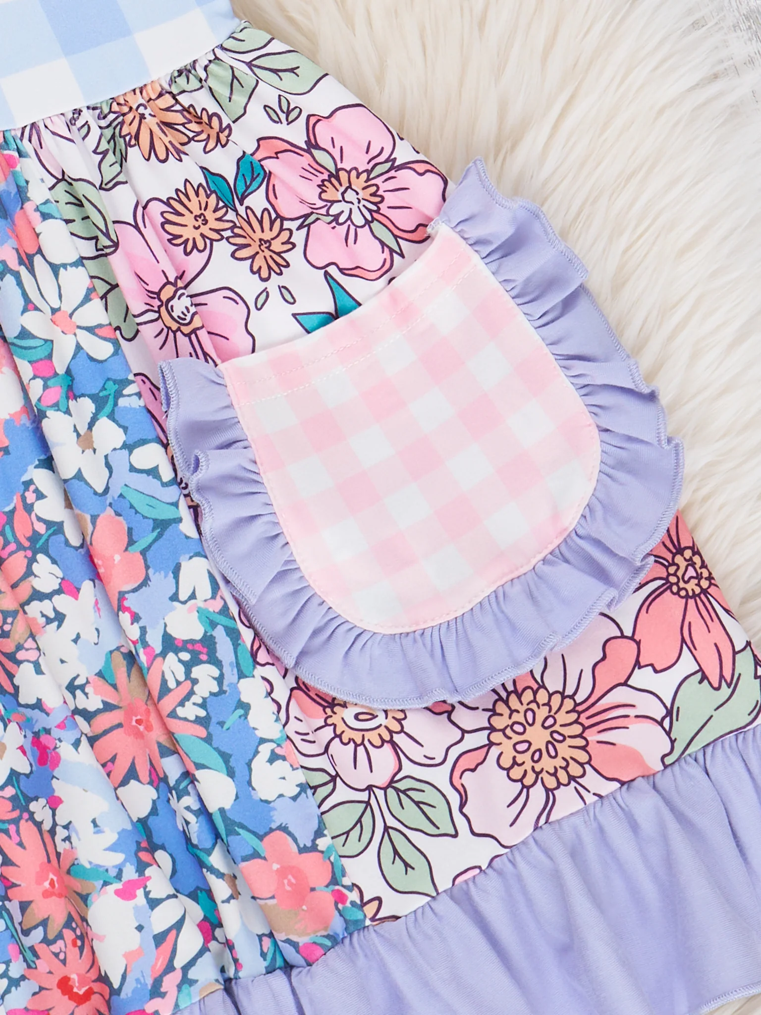 Purple Gingham & Florals Ruffle Dress - Image 8