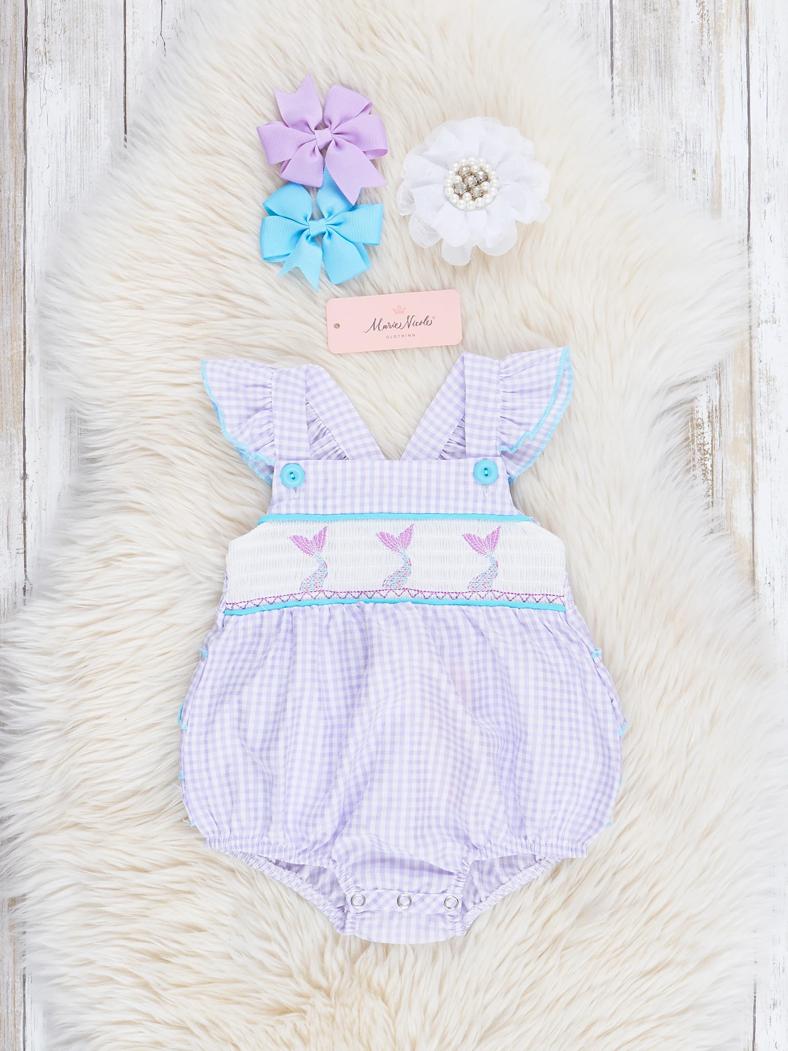Purple Gingham Smocked Mermaid Ruffle Bubble Romper