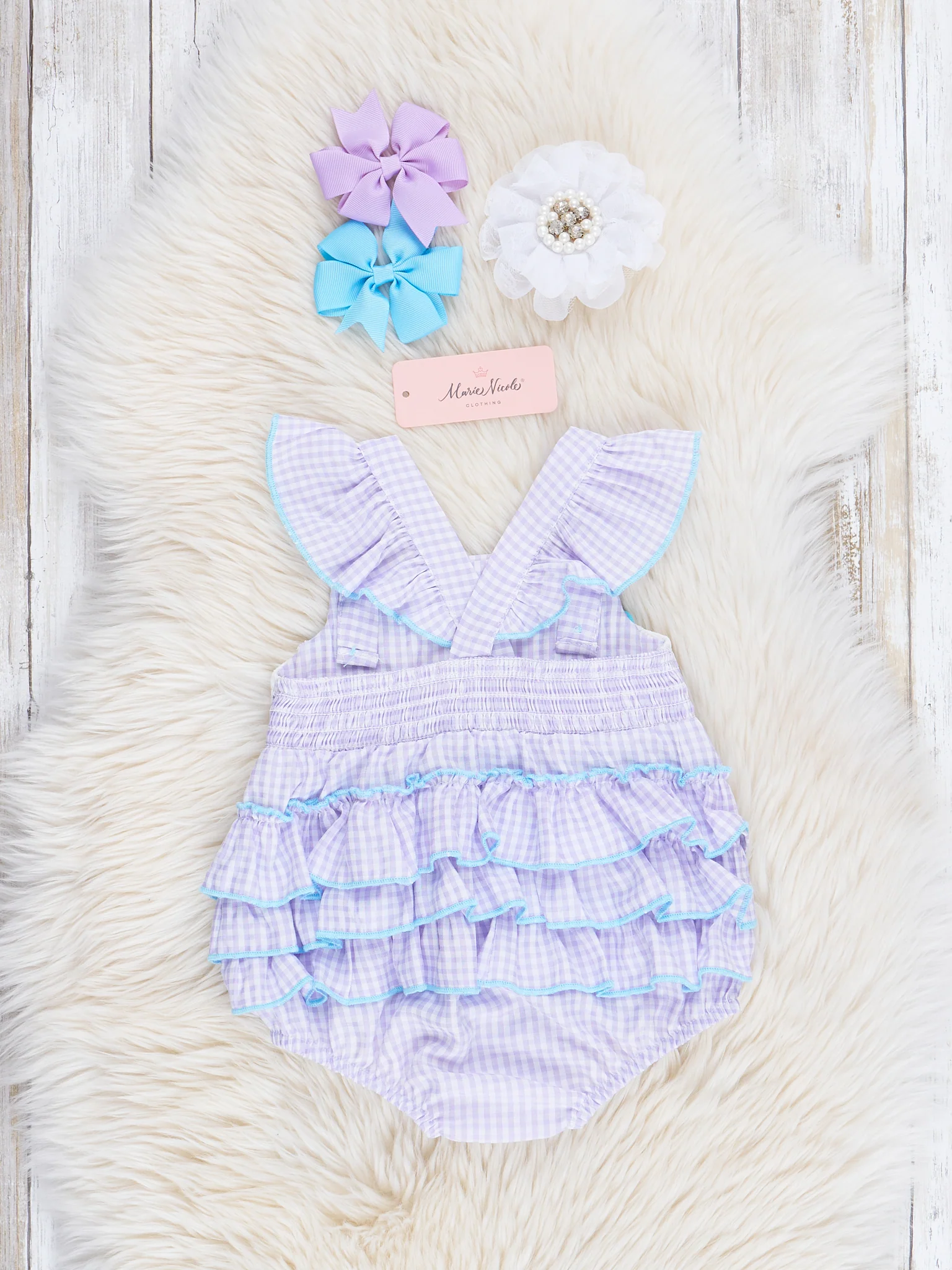 Purple Gingham Smocked Mermaid Ruffle Bubble Romper - Image 2