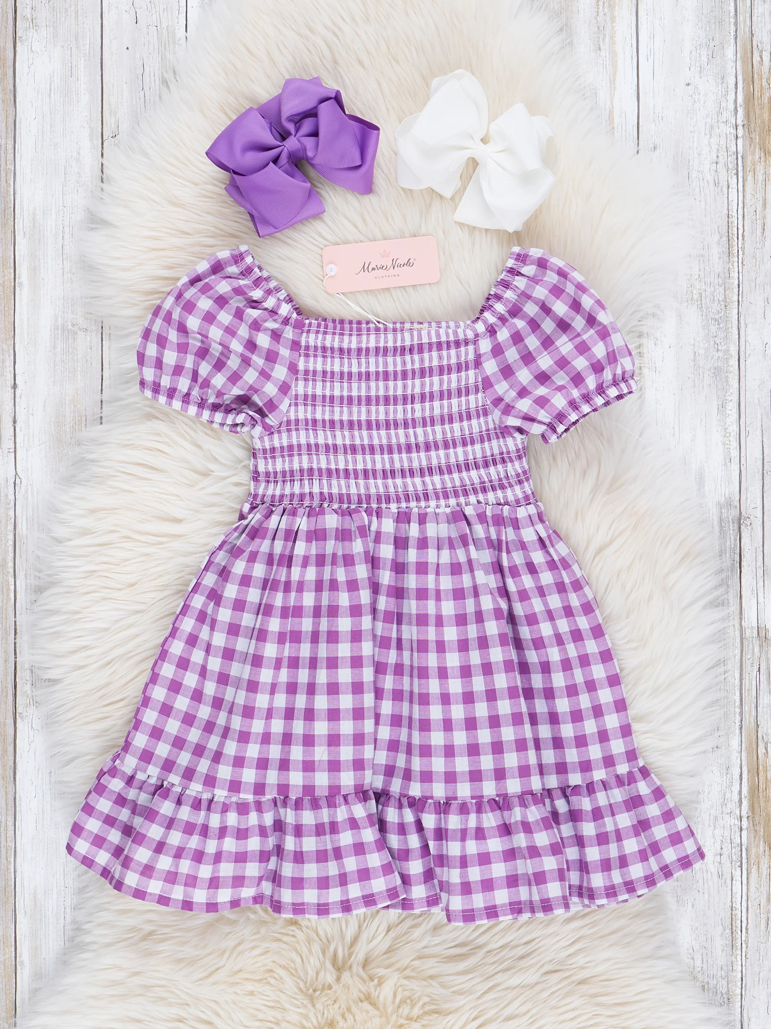 Purple Gingham Smocked Ruffle Dress - Image 2
