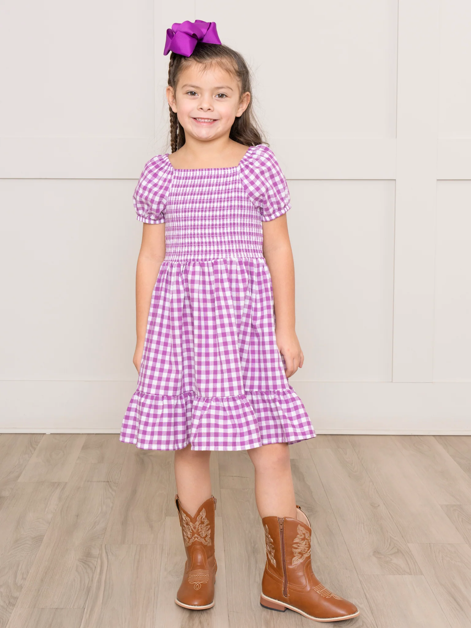 Purple Gingham Smocked Ruffle Dress - Image 3