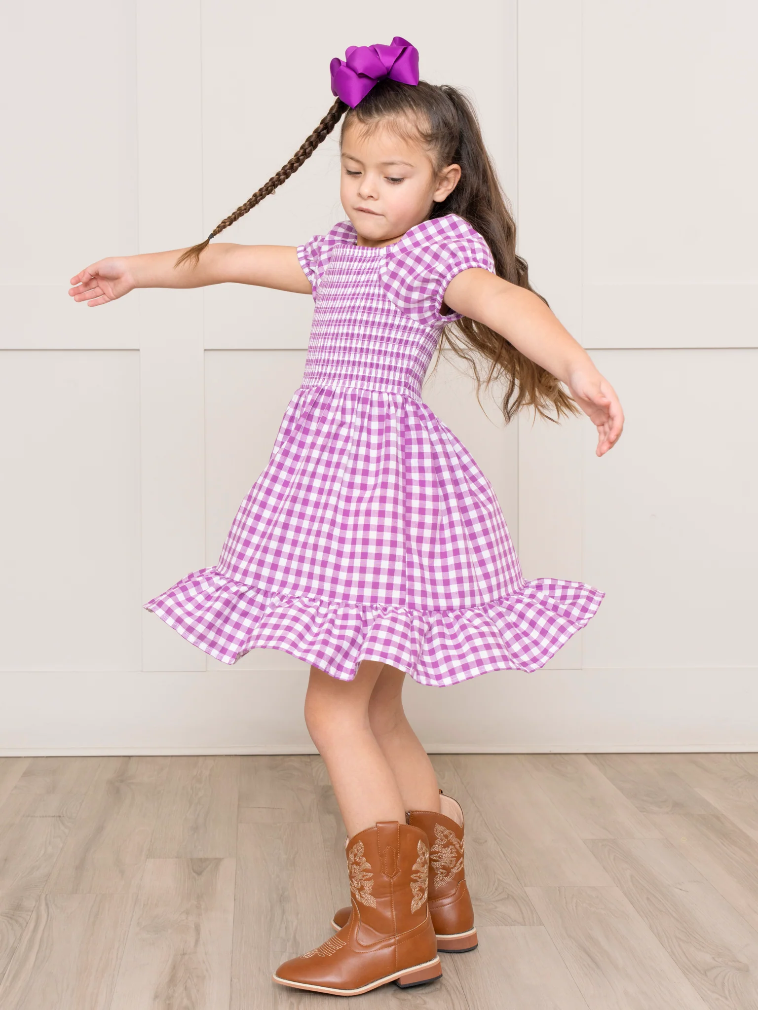 Purple Gingham Smocked Ruffle Dress - Image 4