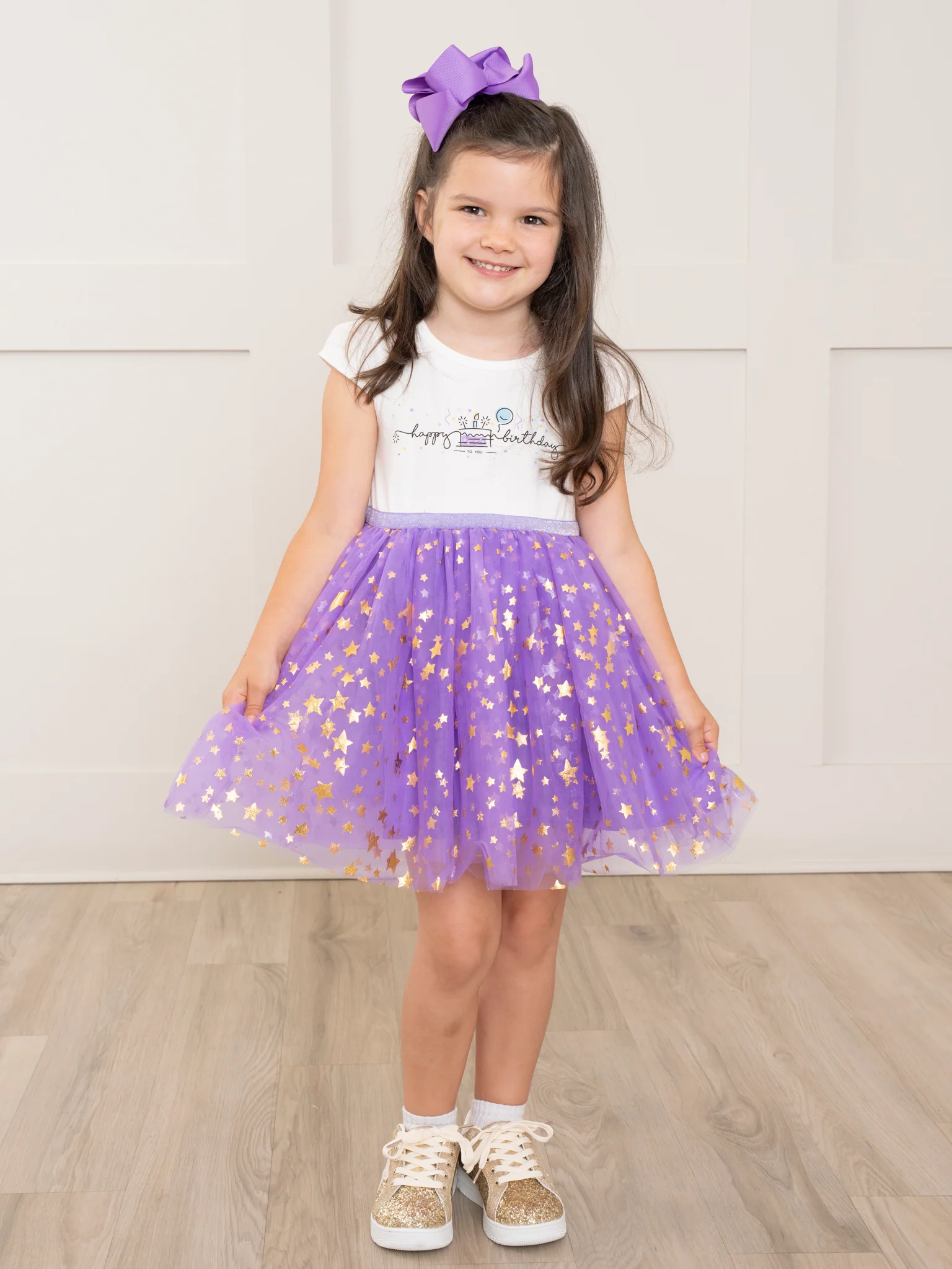 Purple & Gold Birthday Sparkle Tulle Dress - Image 3