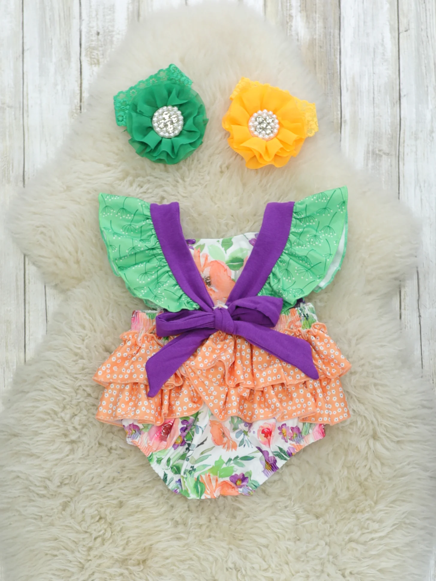 Purple & Green Floral Ruffle Bubble Romper - Image 2