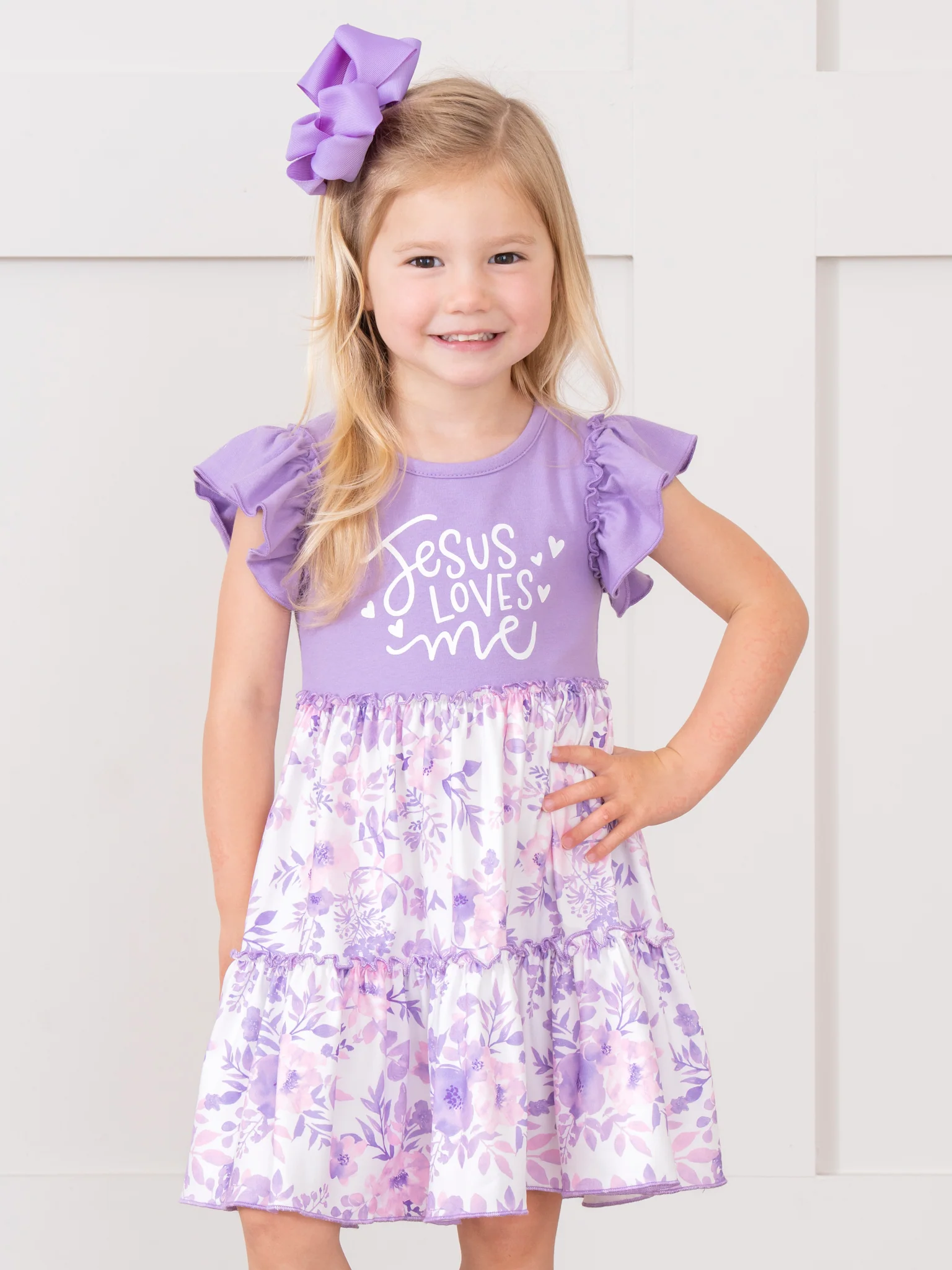 Purple "Jesus Loves Me" Ruffle Dress