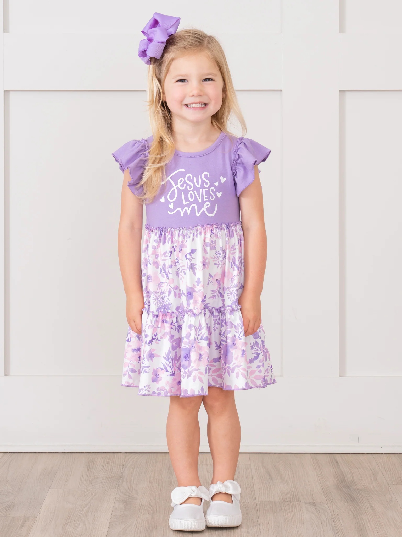 Purple "Jesus Loves Me" Ruffle Dress - Image 4