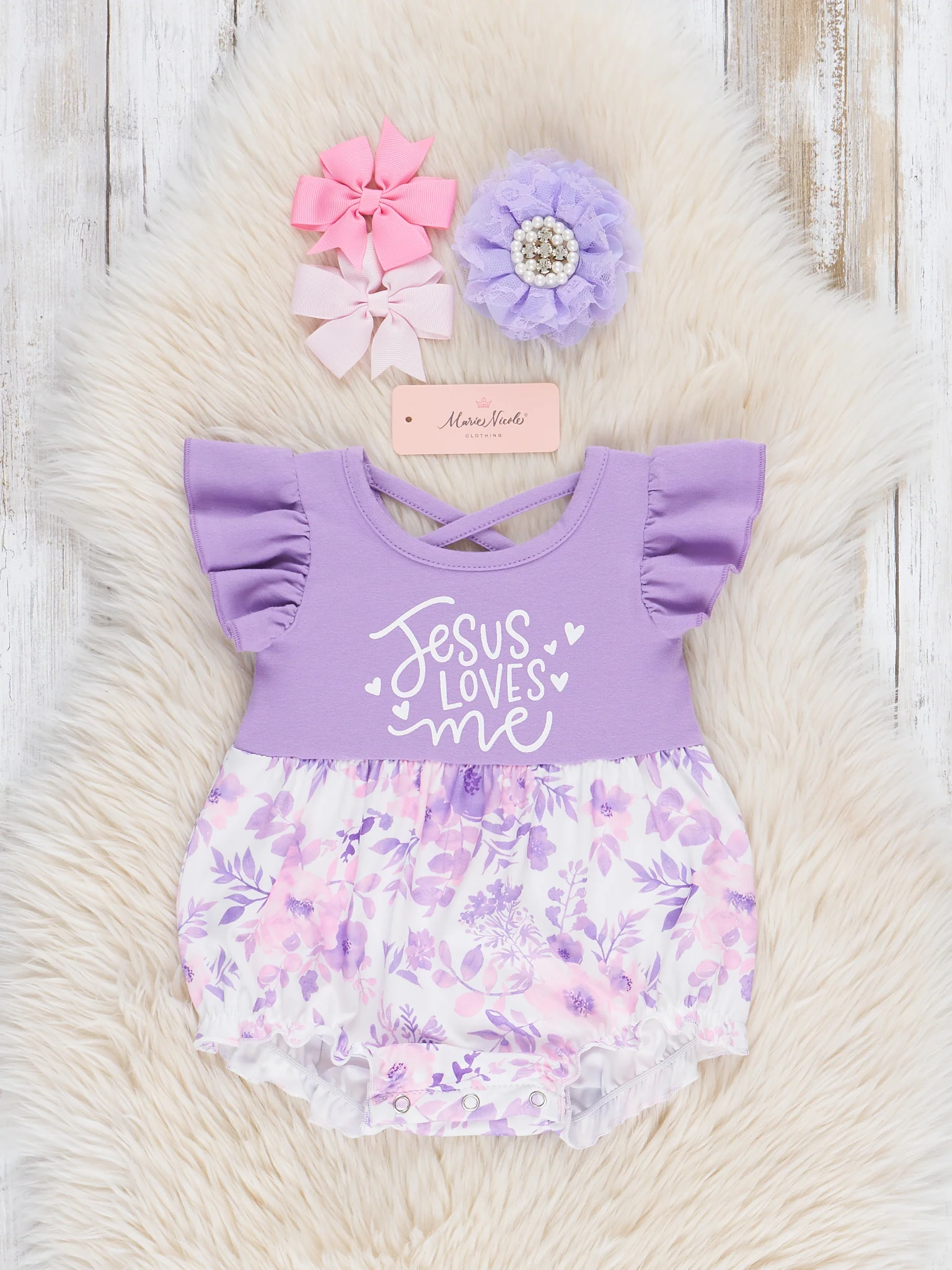 Purple "Jesus Loves Me" Ruffle Romper
