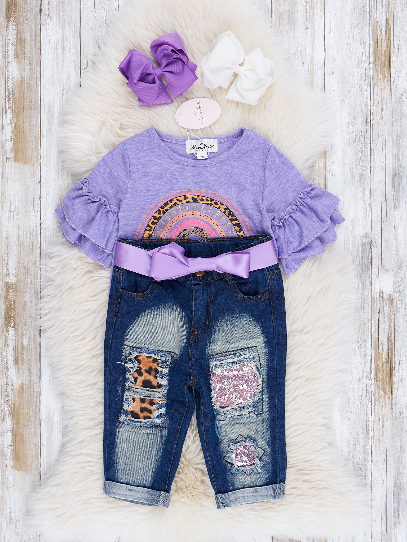 Purple Leopard Rainbow Ruffle Top & Distressed Denim Outfit - Image 3