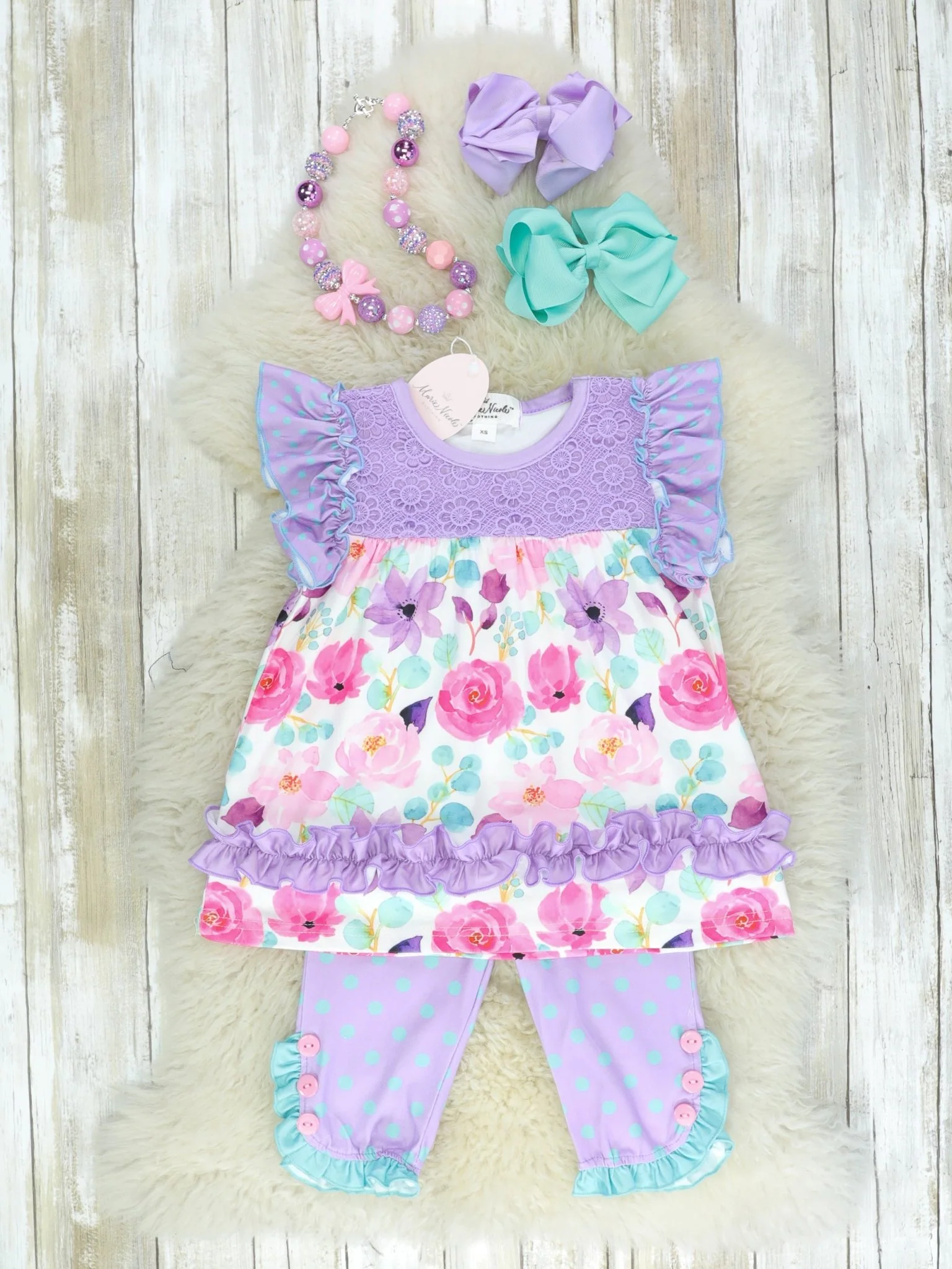 Purple & Mint Polka Dot Floral Ruffle Capris Outfit
