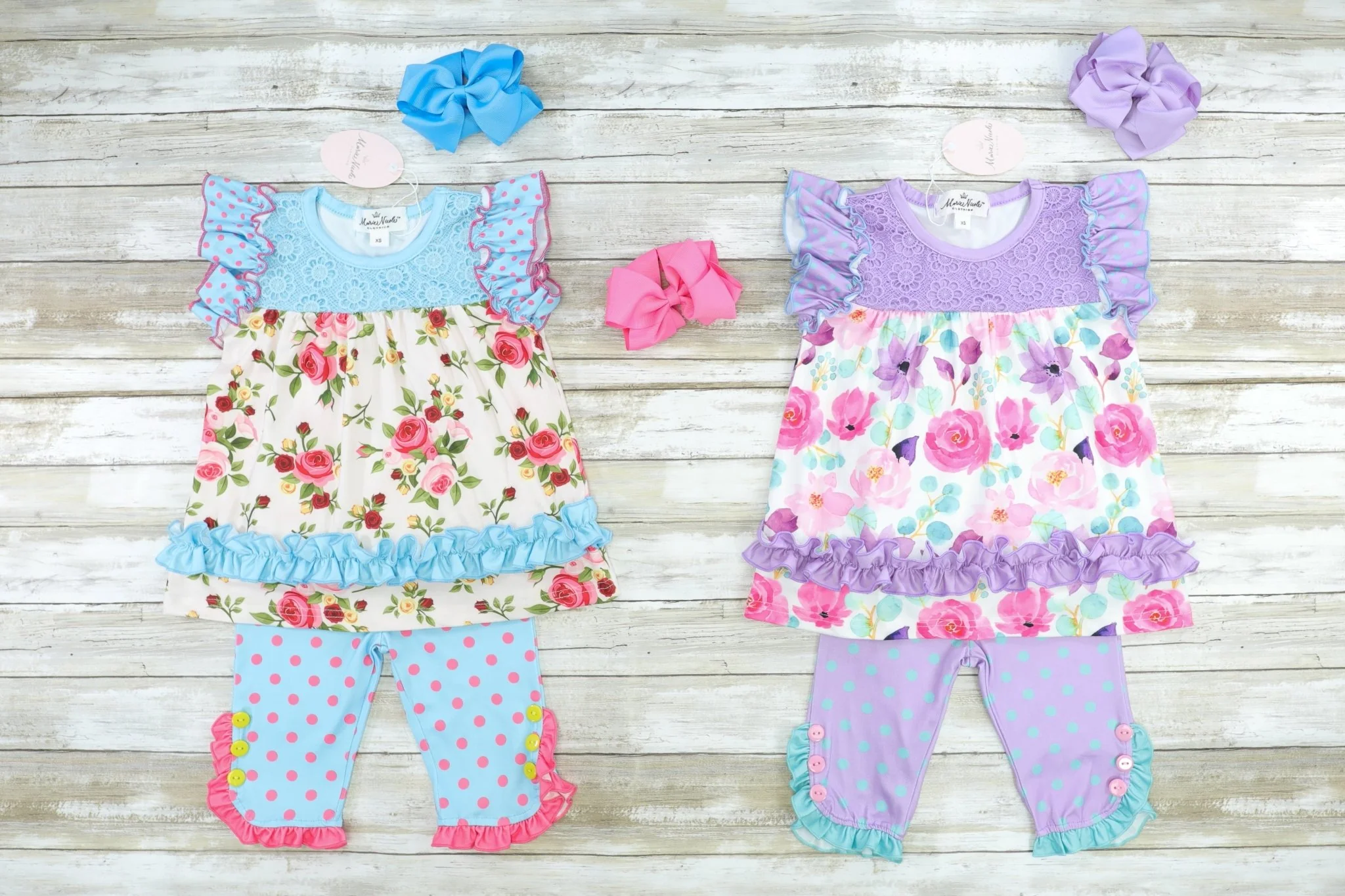 Purple & Mint Polka Dot Floral Ruffle Capris Outfit - Image 2