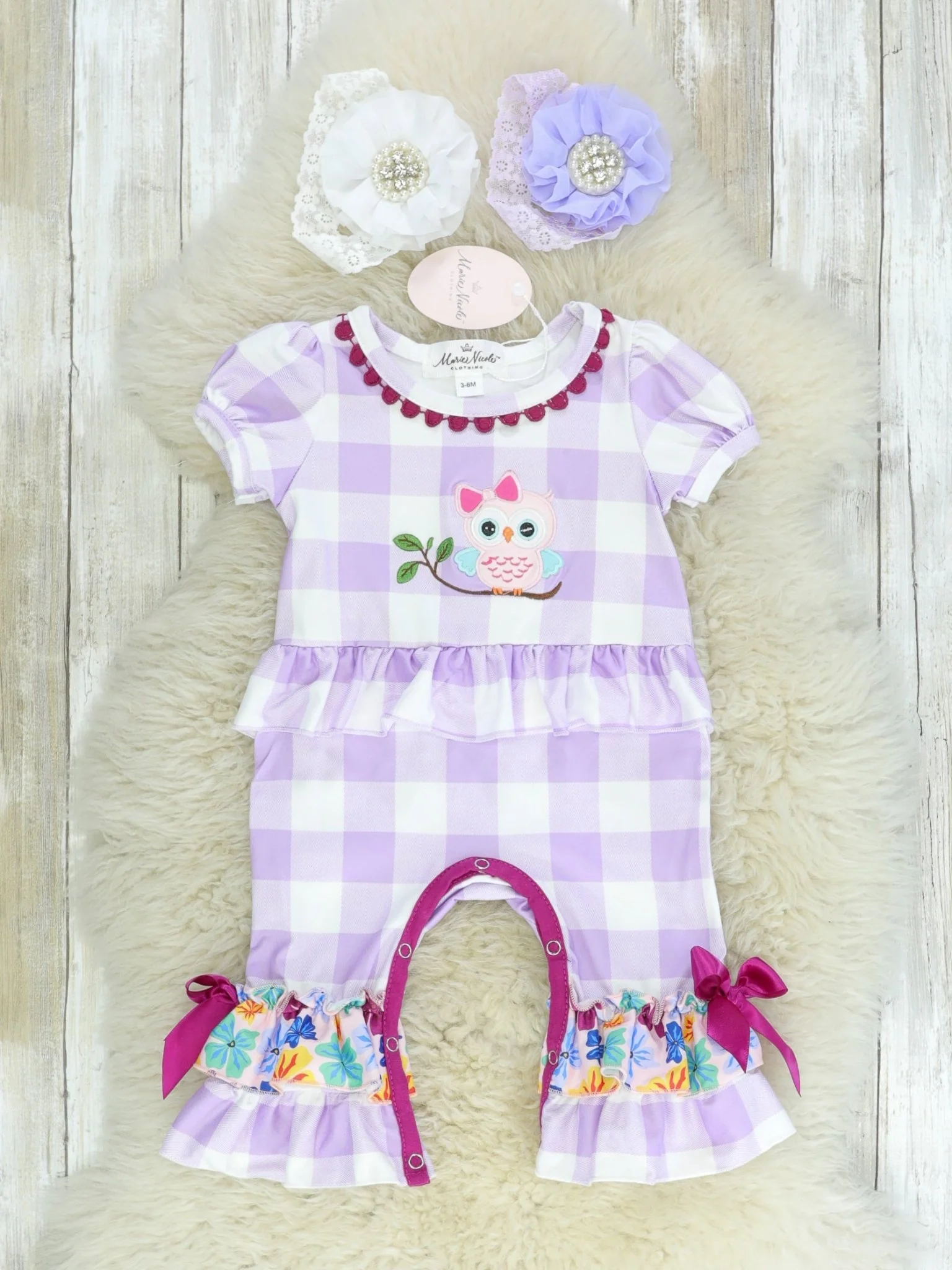 Purple Plaid Owl Ruffle Romper