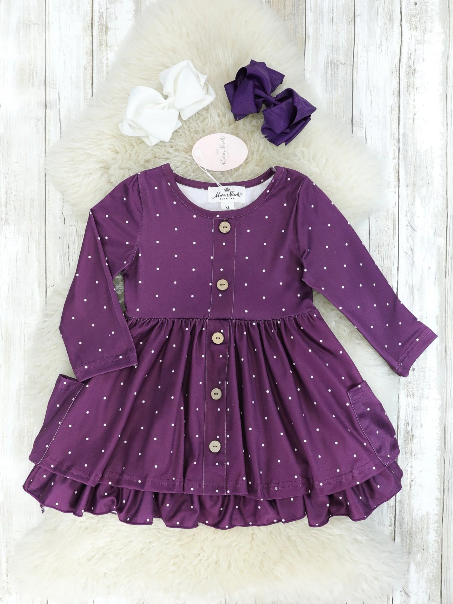 Purple Polka Dot Pocket Ruffle Dress