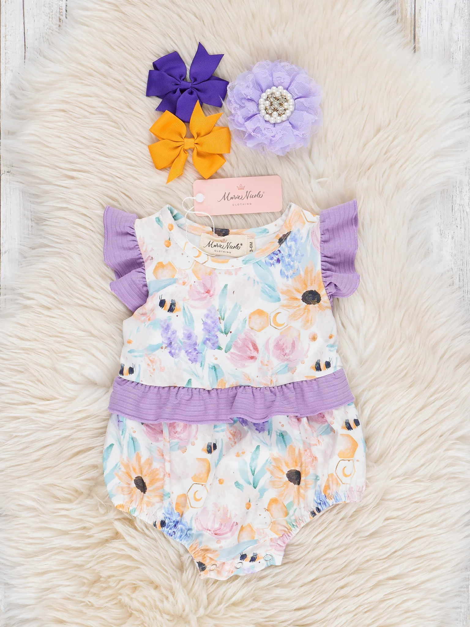 Purple & Yellow Watercolor Wildflowers Ruffle Bubble Romper