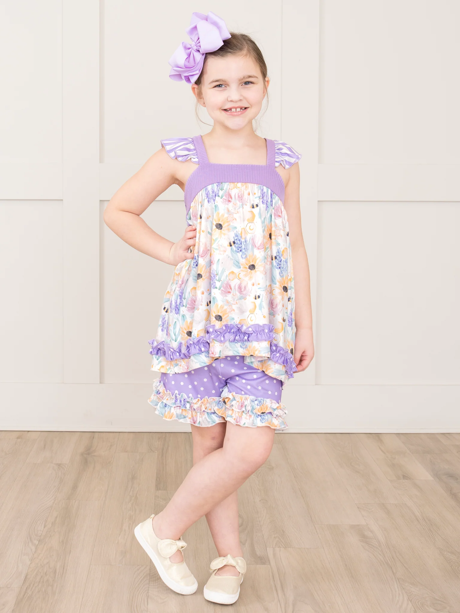 Purple & Yellow Watercolor Wildflowers Ruffle Outfit - Image 6