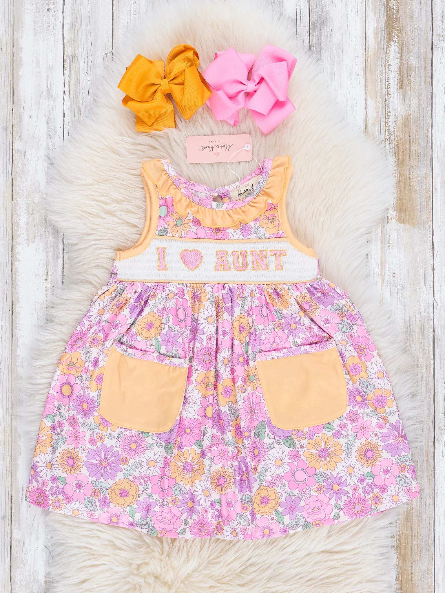Purple & Yellow Wildflowers Smocked Aunt Love Pocket Dress