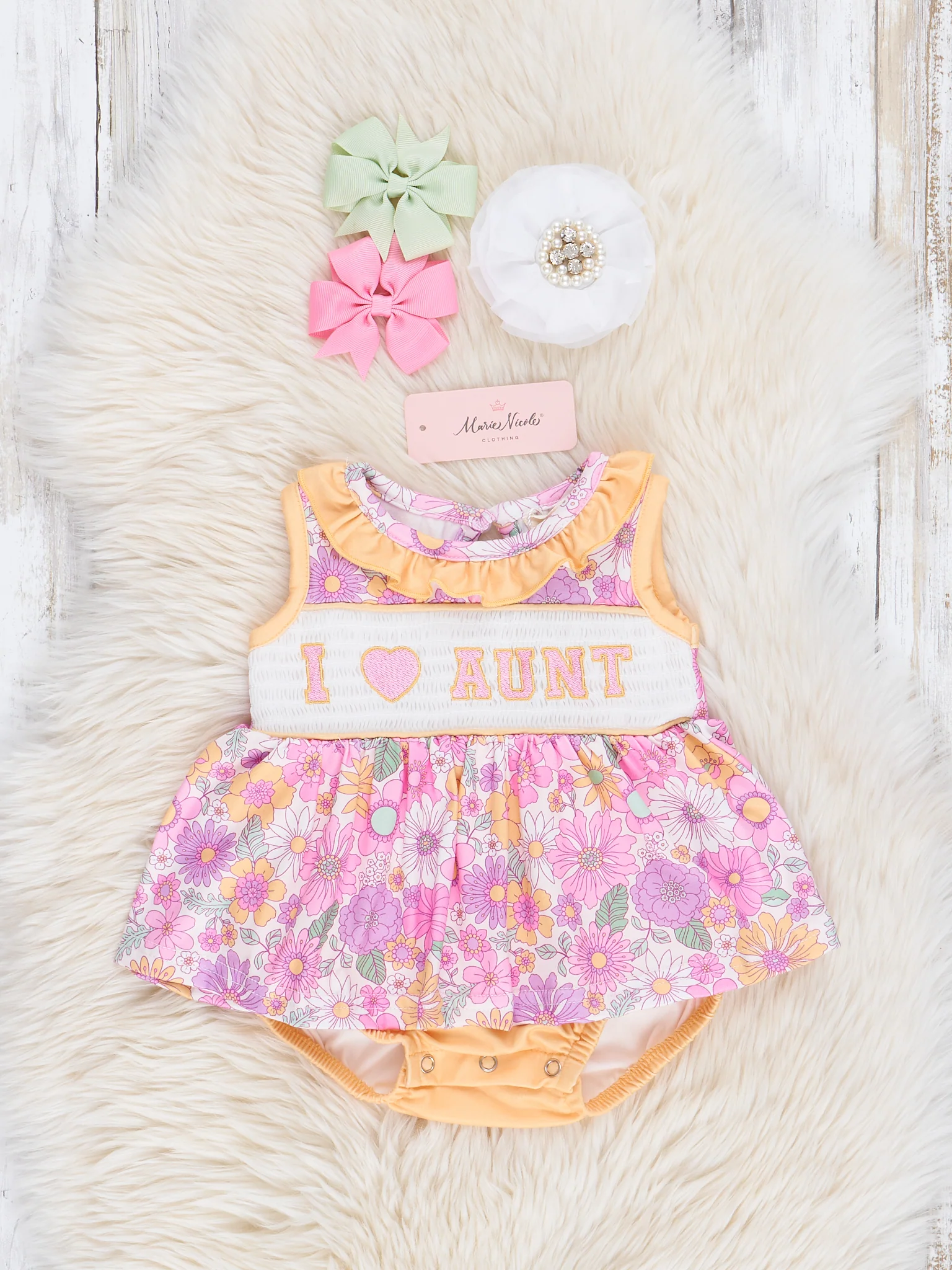 Purple & Yellow Wildflowers Smocked Aunt Love Ruffle Bubble Romper