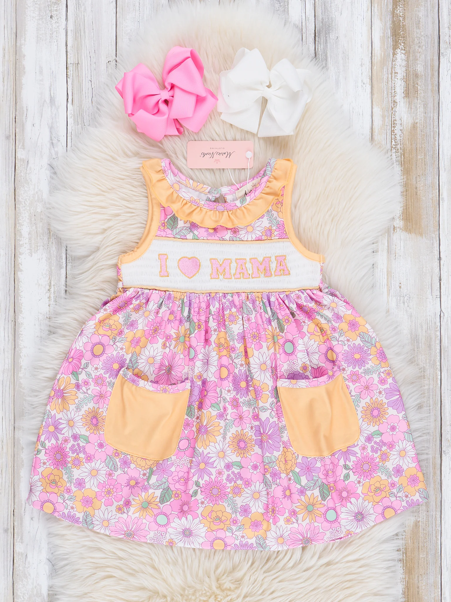 Purple & Yellow Wildflowers Smocked Mom Love Pocket Dress