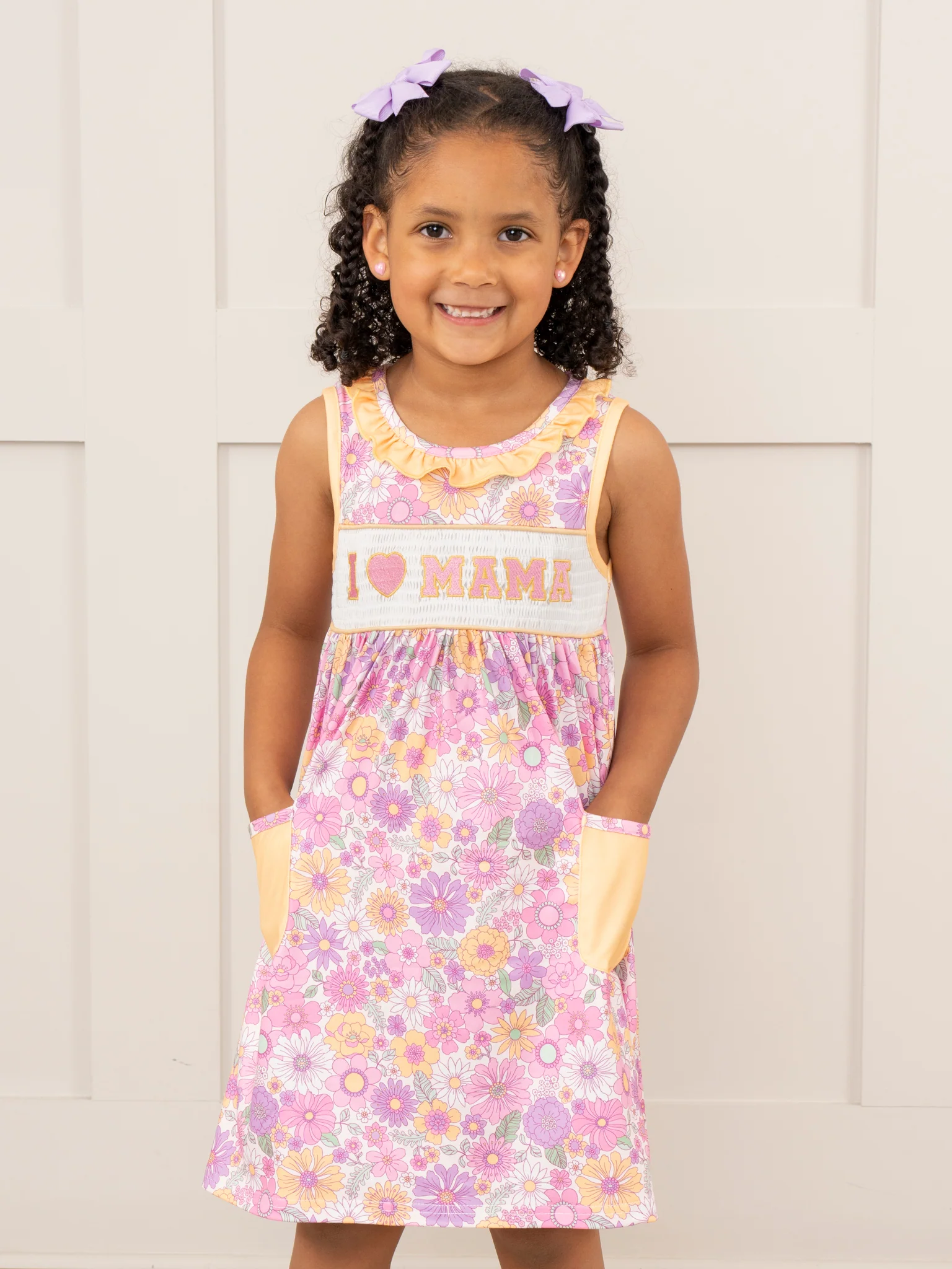 Purple & Yellow Wildflowers Smocked Mom Love Pocket Dress - Image 2