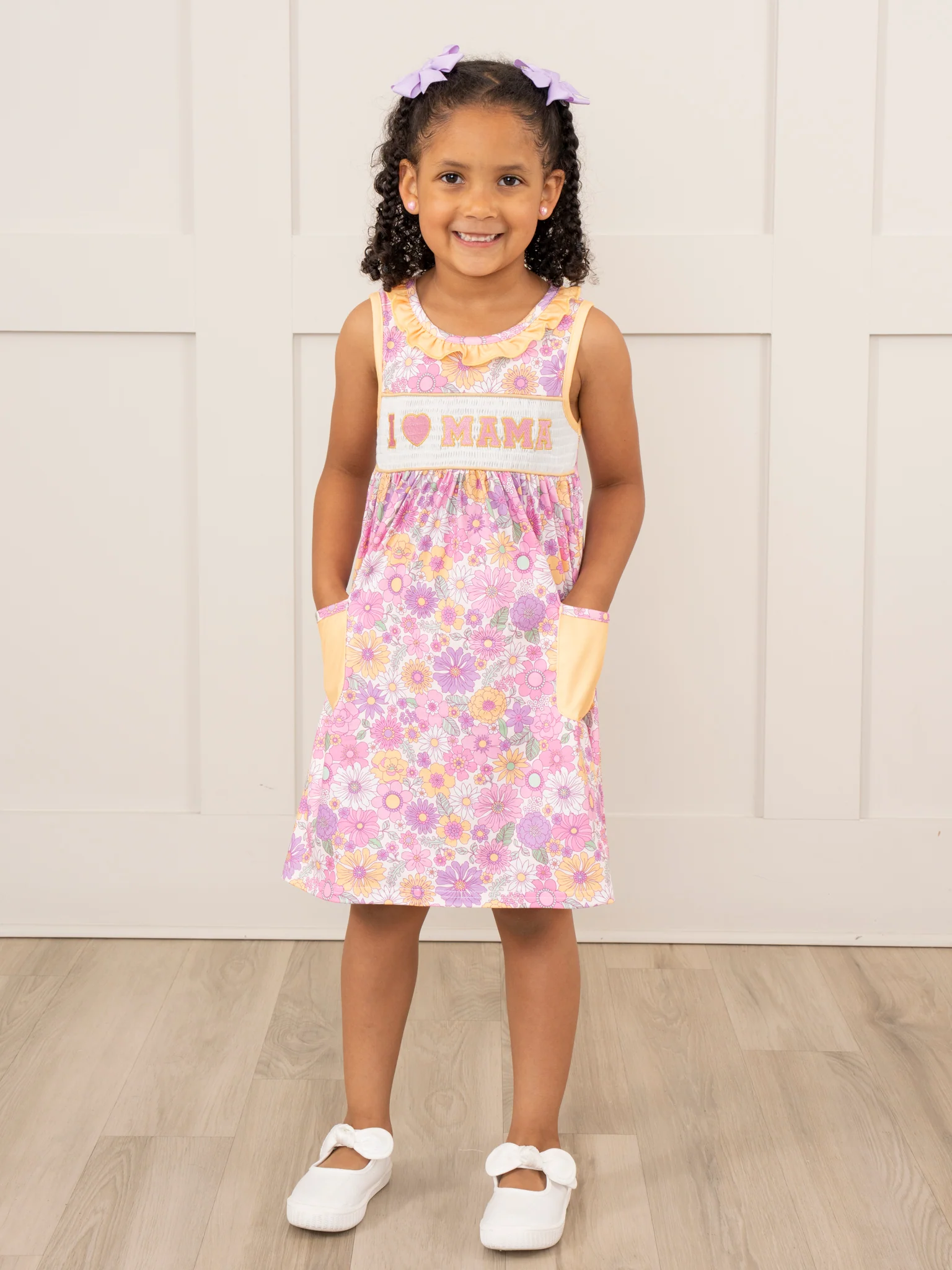 Purple & Yellow Wildflowers Smocked Mom Love Pocket Dress - Image 3