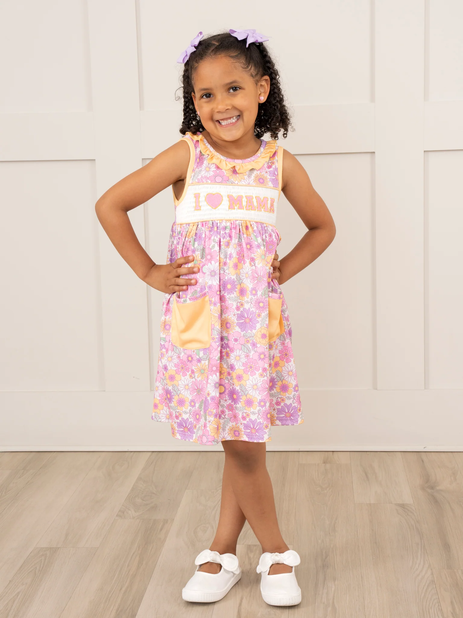 Purple & Yellow Wildflowers Smocked Mom Love Pocket Dress - Image 4