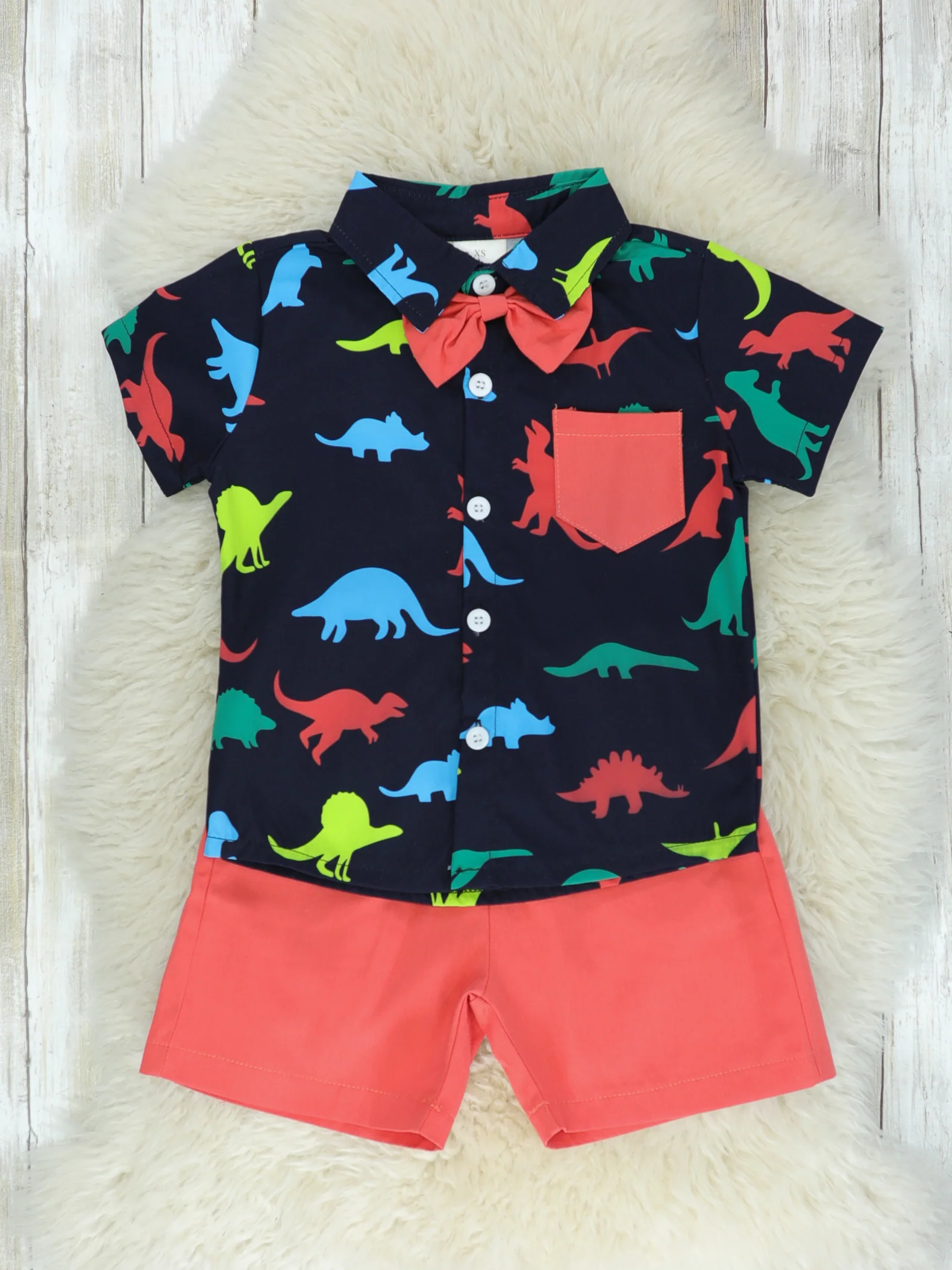 Rainbow Dinosaur Button Down & Shorts Outfit