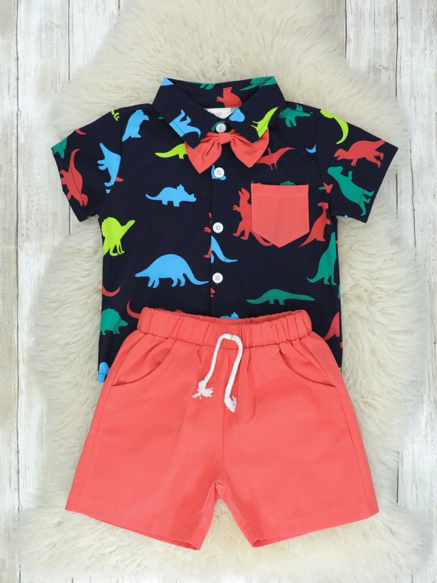 Rainbow Dinosaur Button Down & Shorts Outfit - Image 2