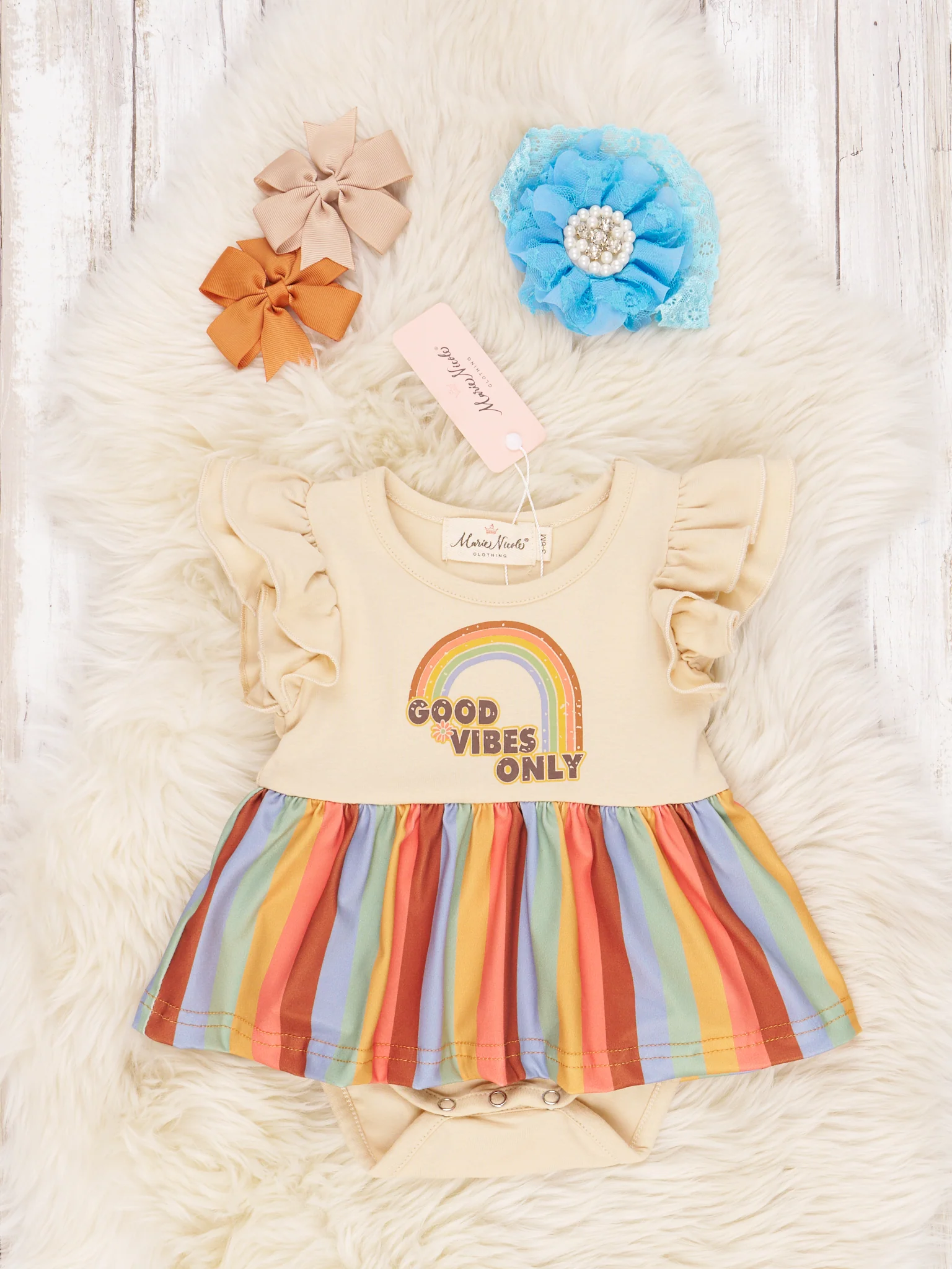 Rainbow "Good Vibes Only" Ruffle Romper