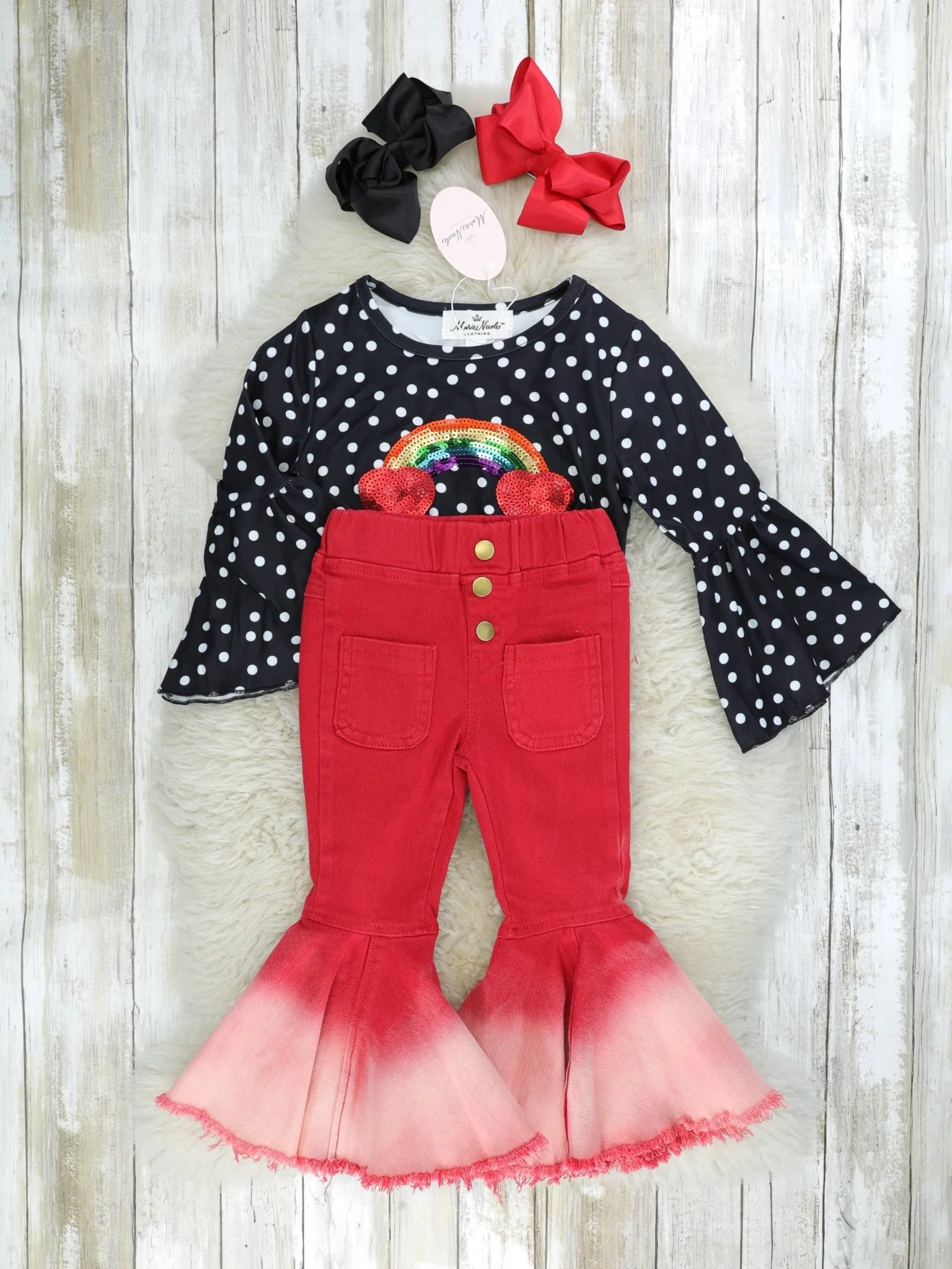 Rainbow Heart Tie Top & Denim Bell Bottoms Outfit - Image 2
