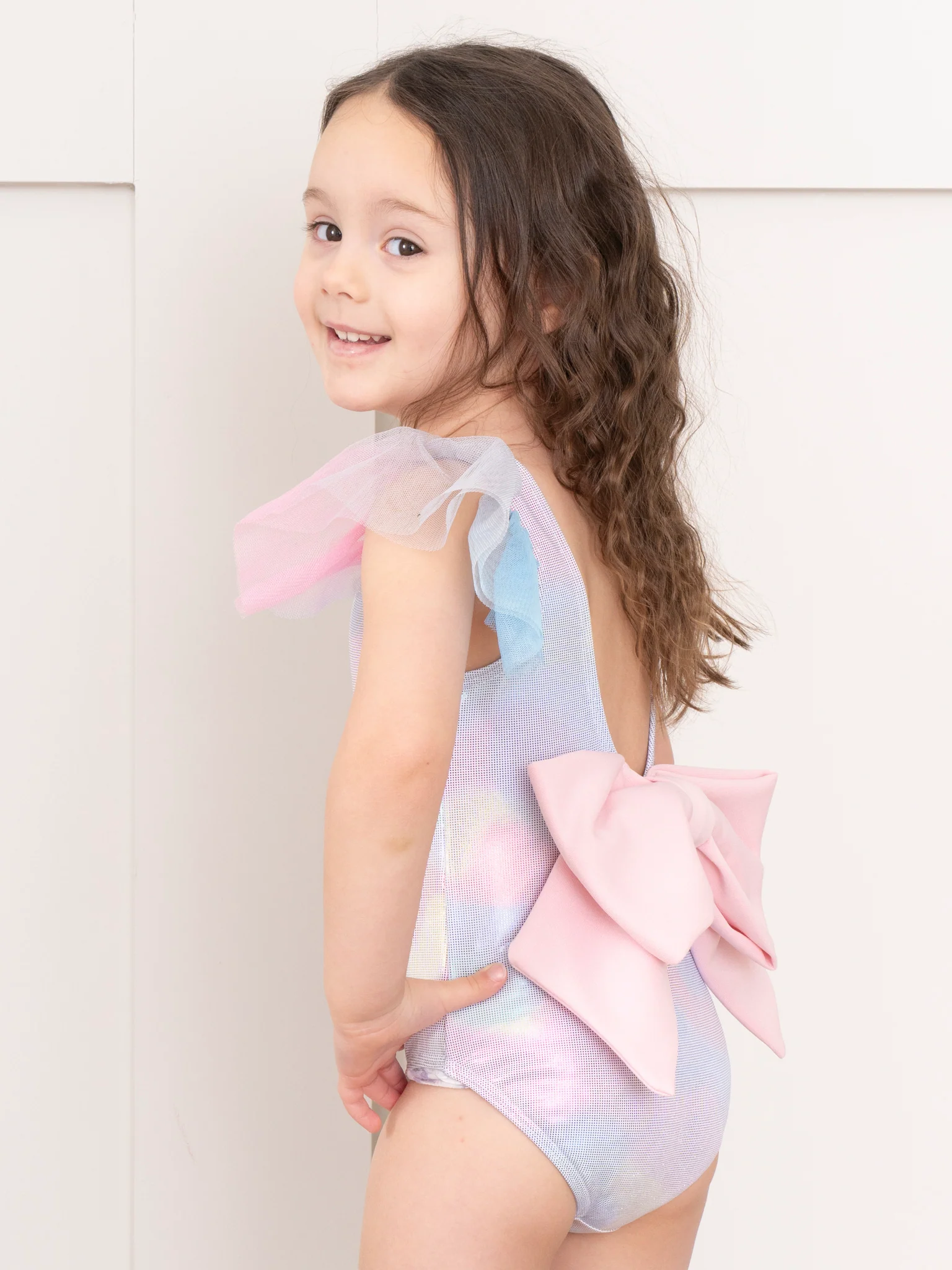 Rainbow Holographic Tulle Ruffle Swimsuit