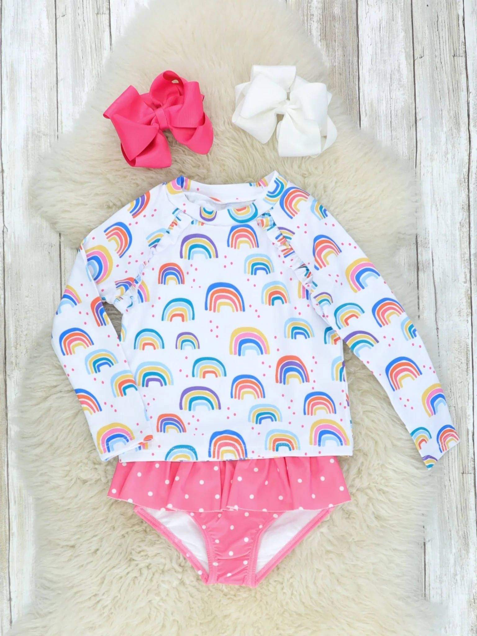 Rainbow Rash Guard & Pink Polka Dot Ruffle Swimsuit