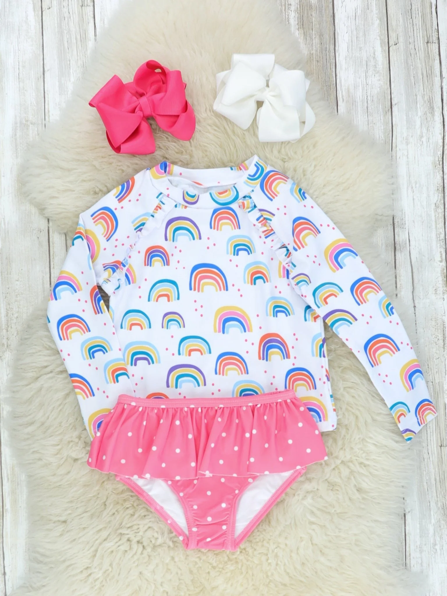 Rainbow Rash Guard & Pink Polka Dot Ruffle Swimsuit - Image 2