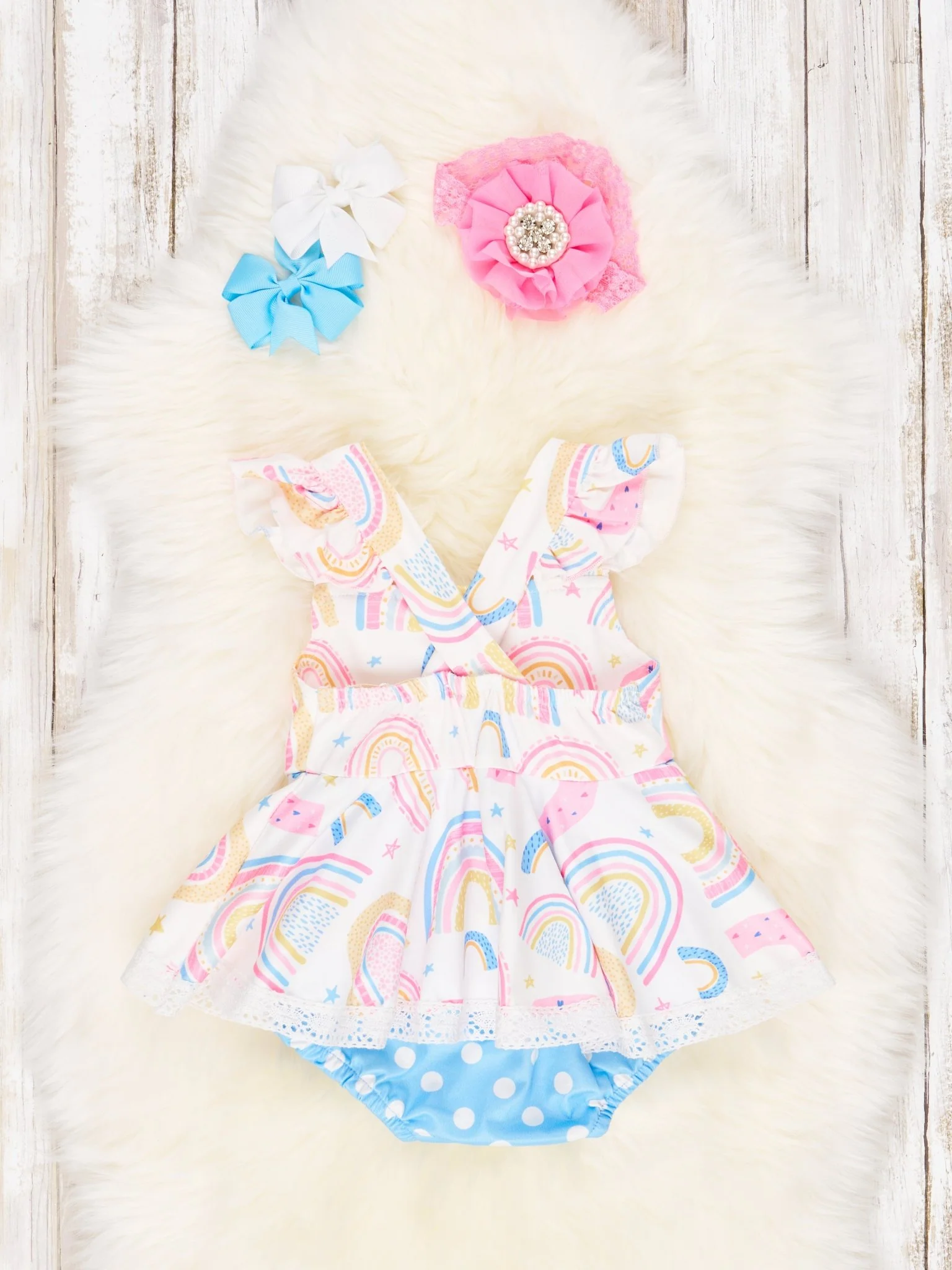 Rainbows & Stars Ruffle Dressy Romper - Image 2