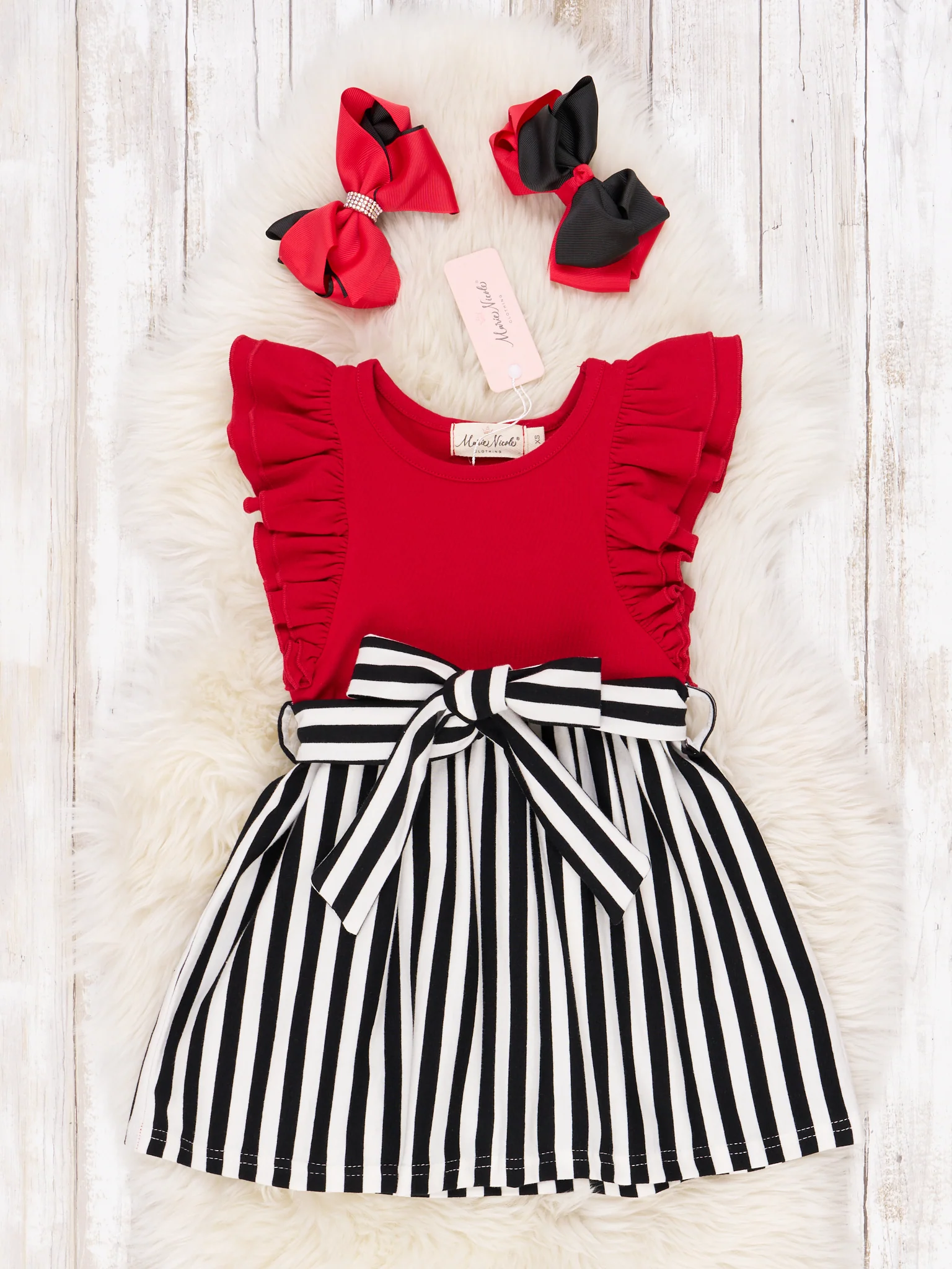 Red & Black Striped Ruffle Dress