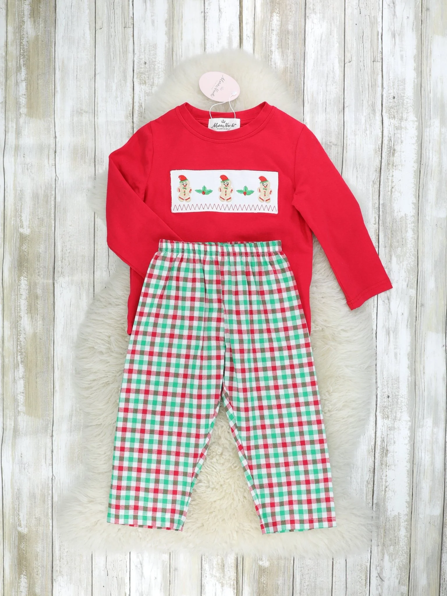 Red & Green Gingerbread Smocked Outfit - Image 2