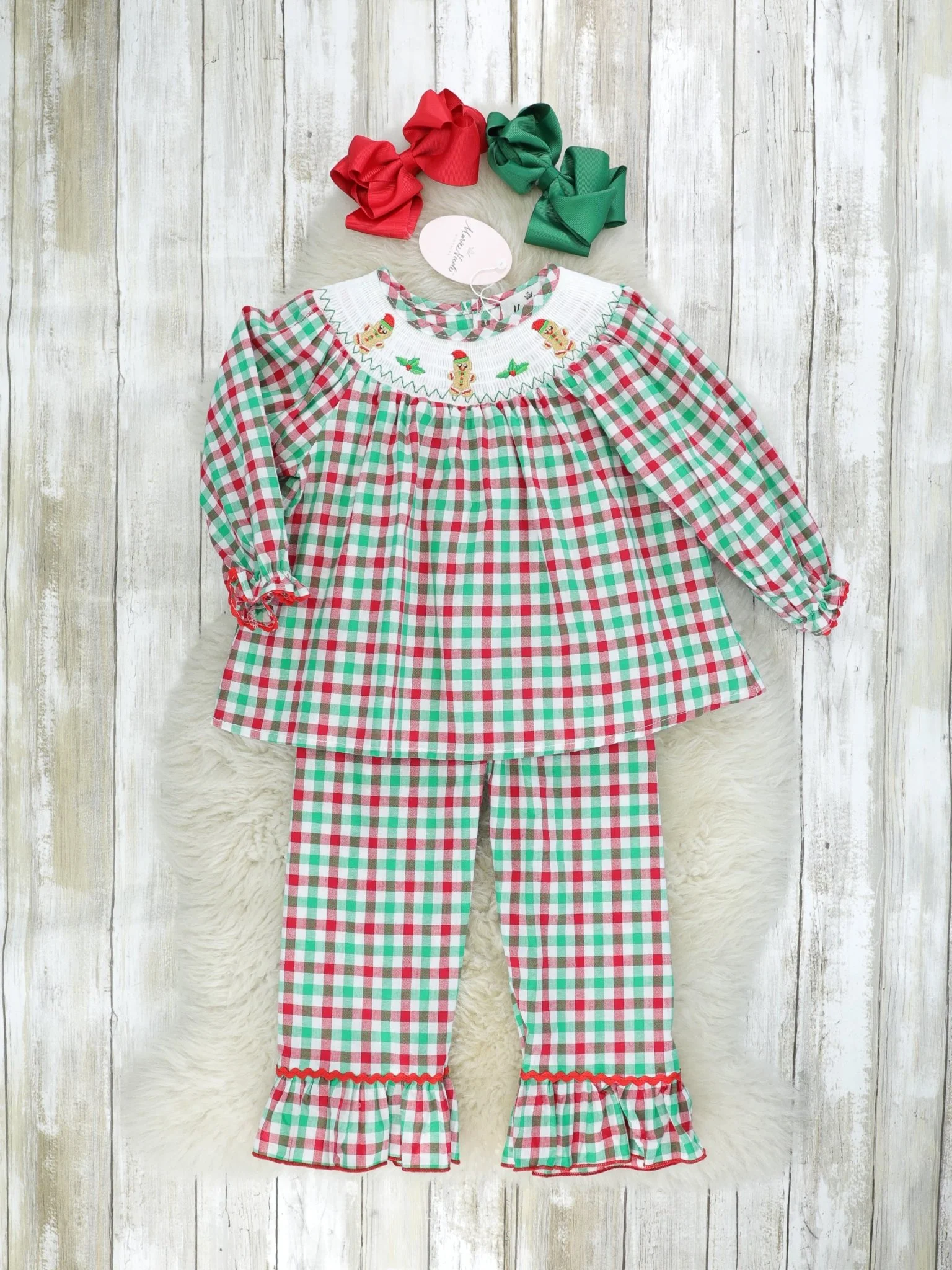Red & Green Gingerbread Smocked Ruffle Outfit