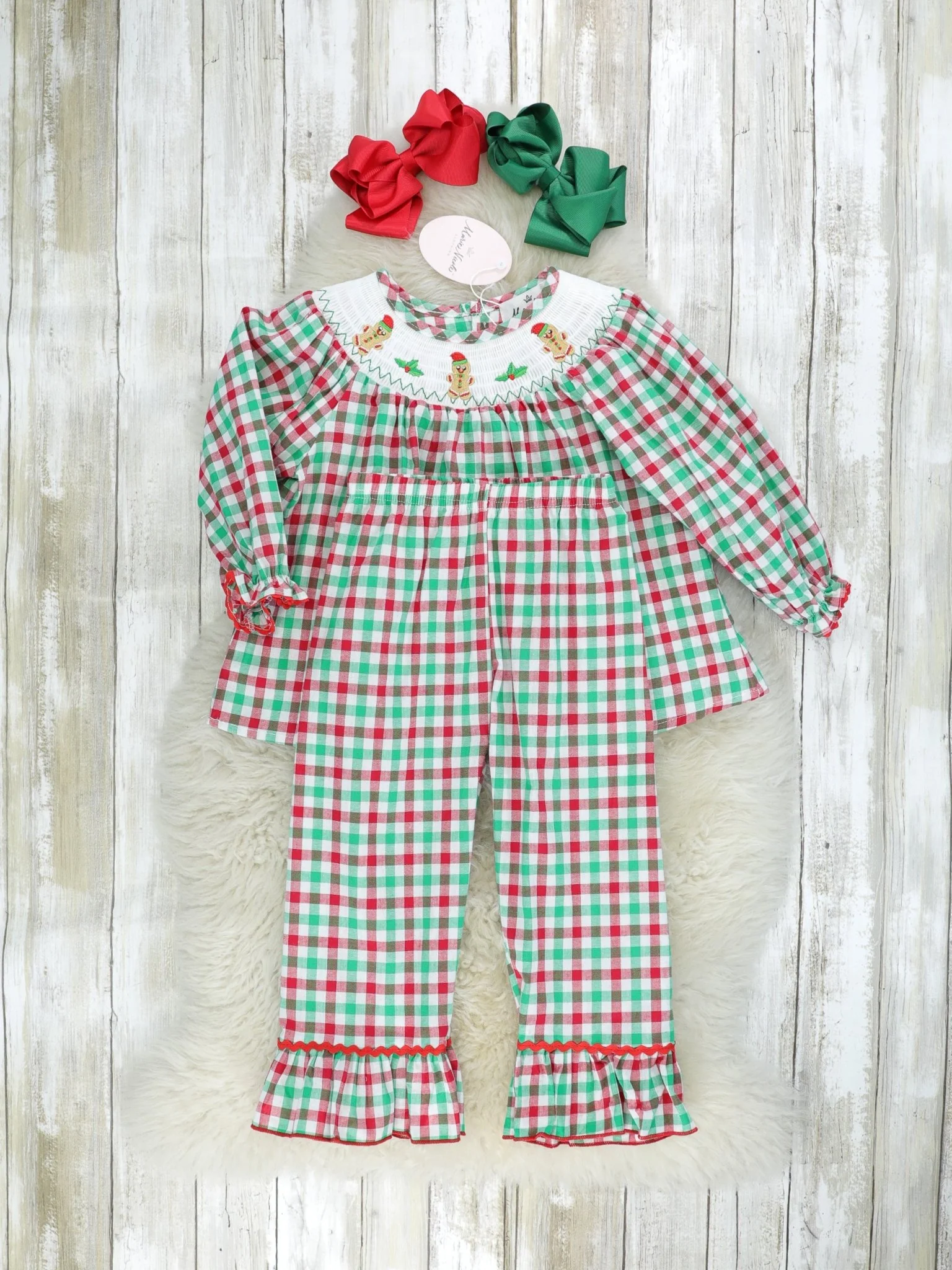 Red & Green Gingerbread Smocked Ruffle Outfit - Image 2