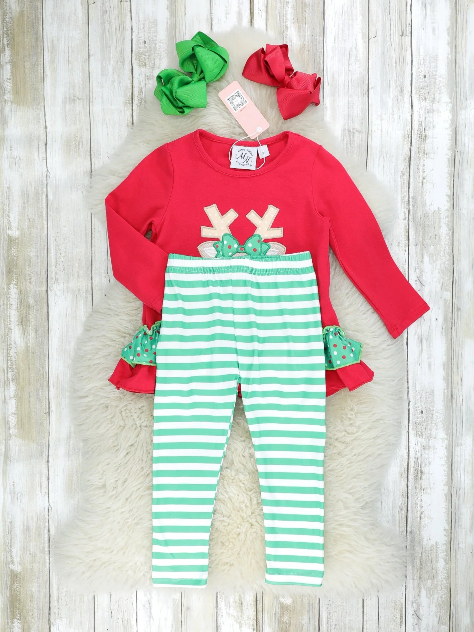 Red & Green Reindeer Ruffle Outfit - Image 2
