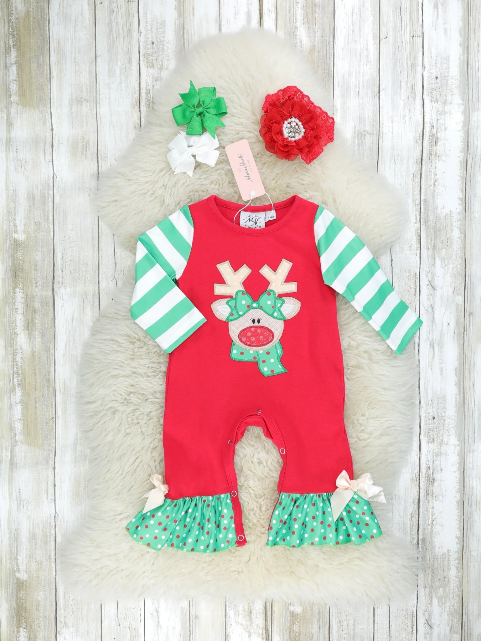 Red & Green Reindeer Ruffle Romper