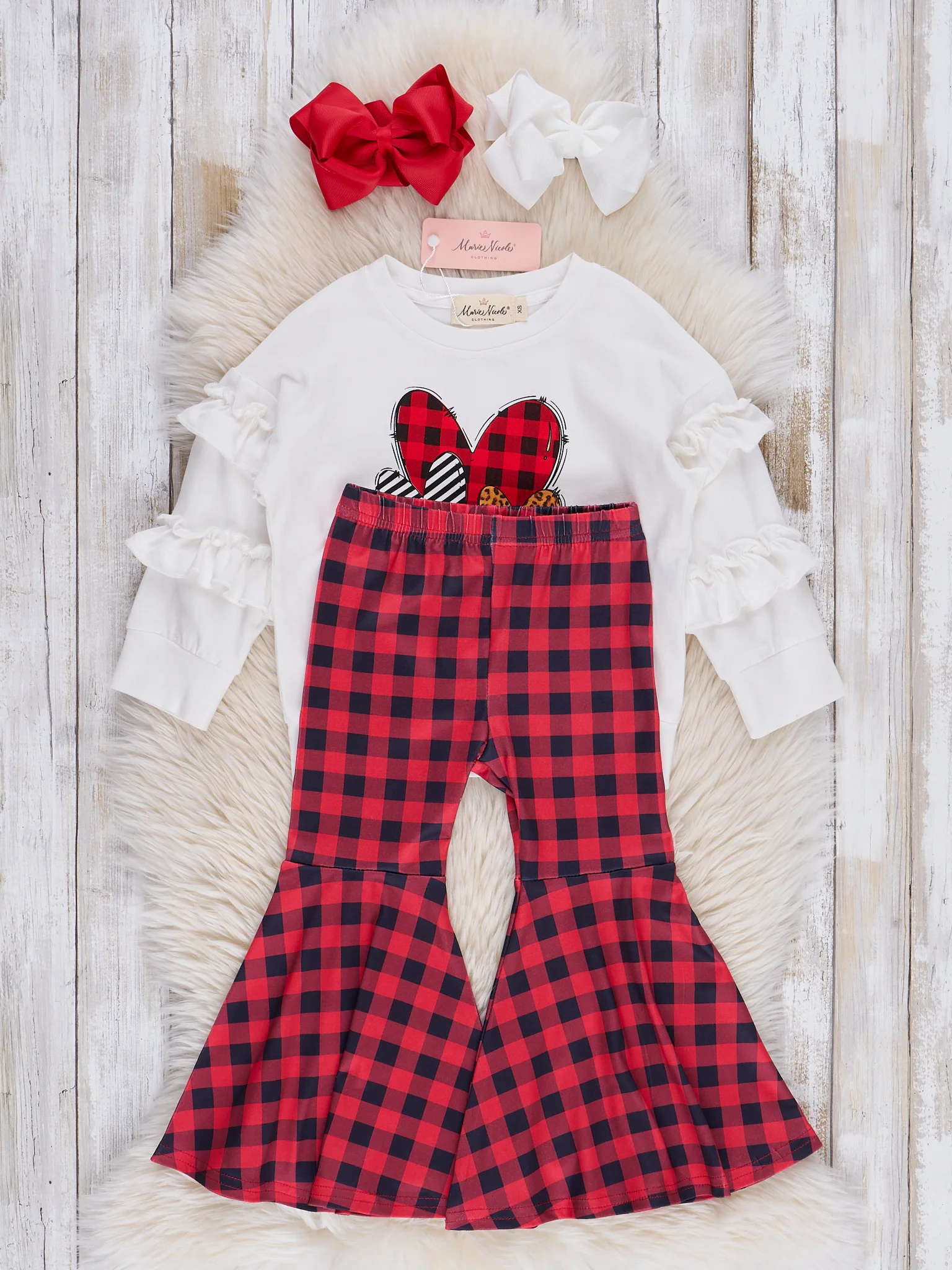 Red & Black Plaid Hearts Bell Bottoms Outfit - Image 2