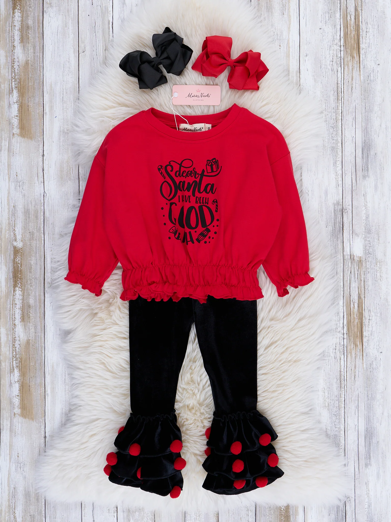 Red & Black Santa Pom Pom Ruffles Outfit