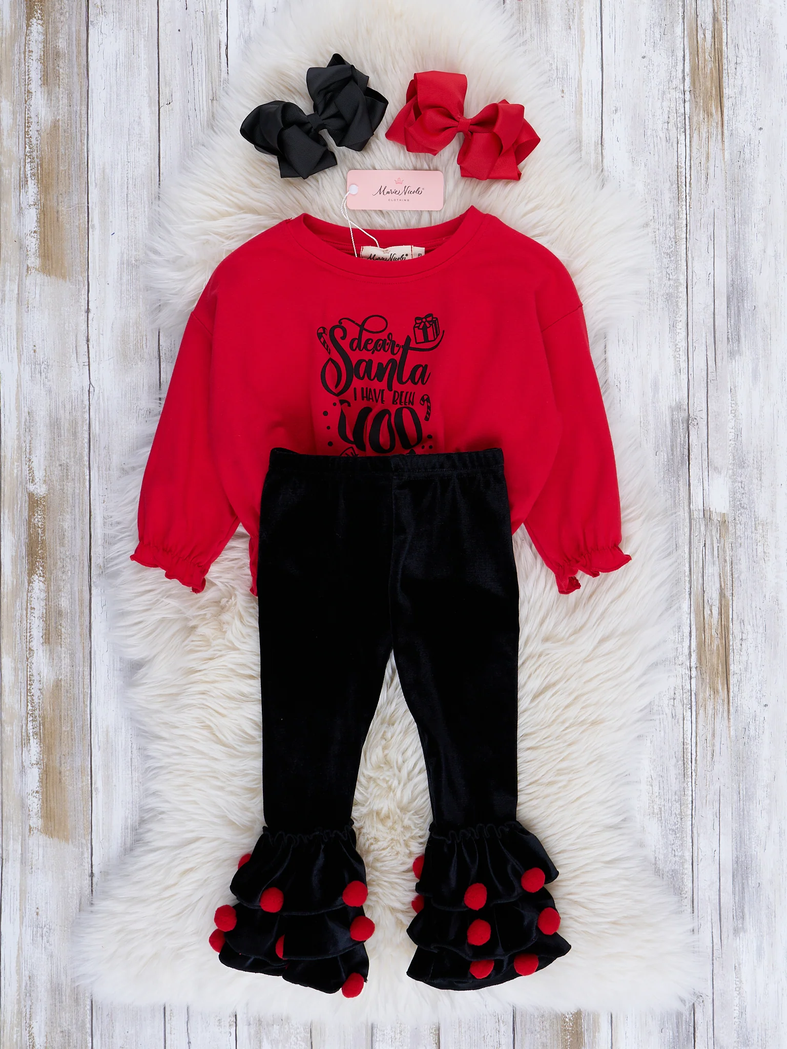 Red & Black Santa Pom Pom Ruffles Outfit - Image 2